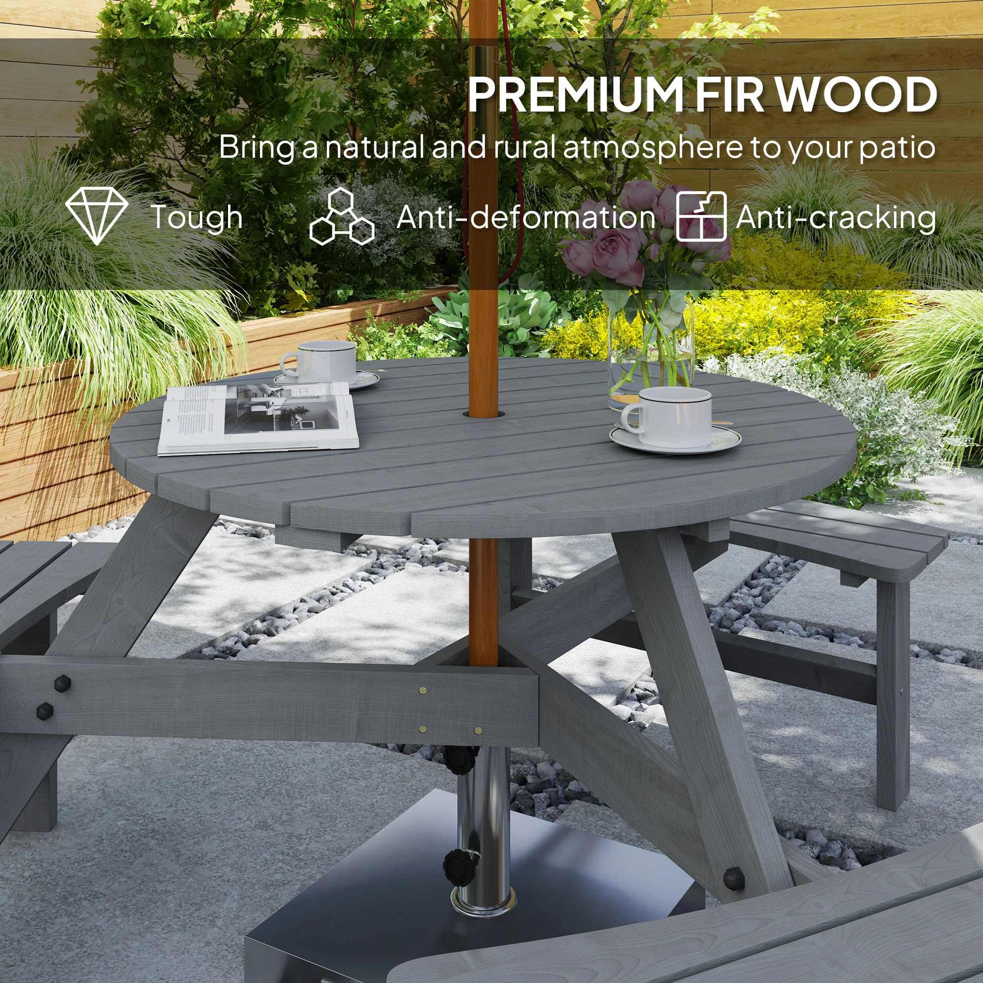 Outsunny 6 Person Fir Wood Table Bench Set Outdoor Garden Patio, Grey - Image 4