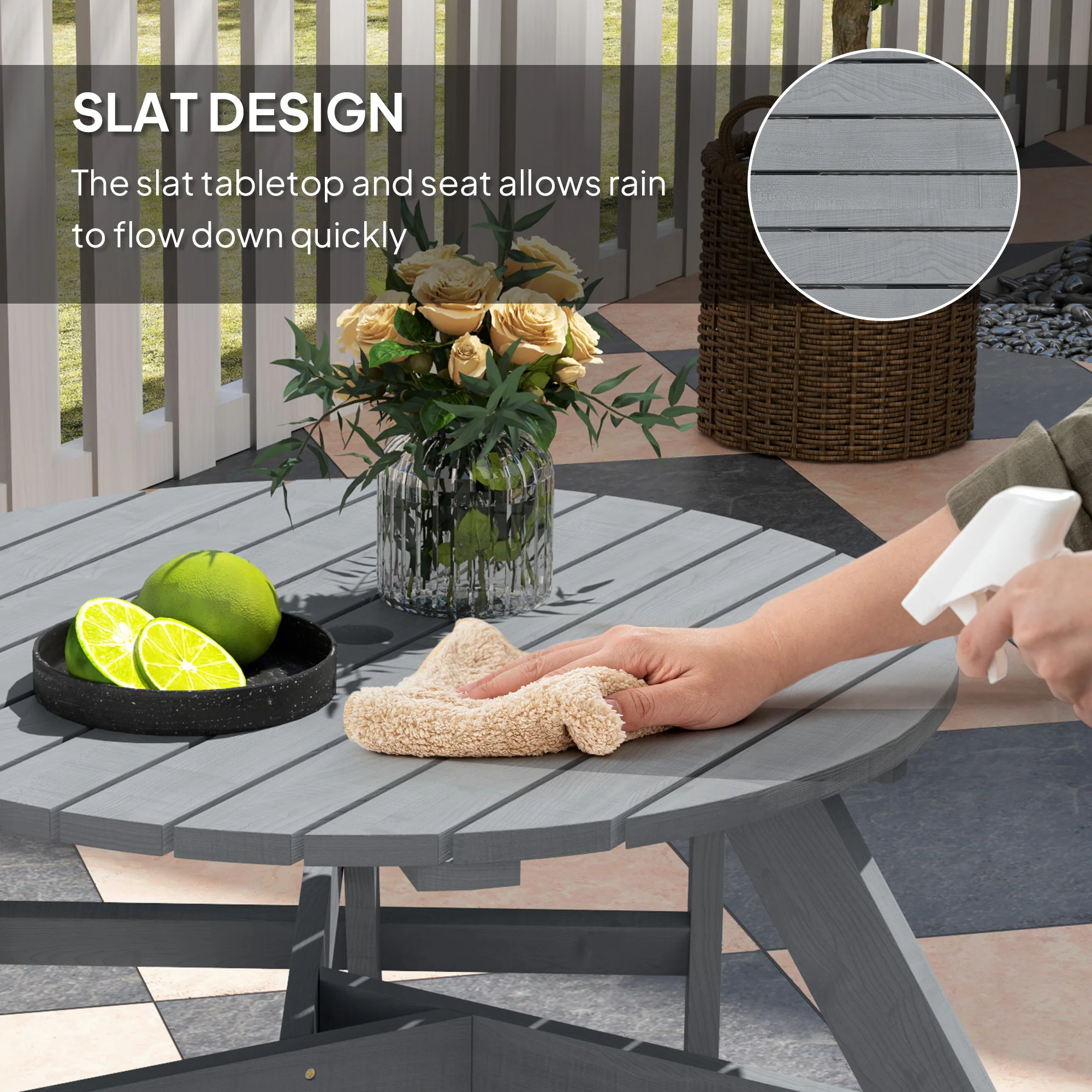 Outsunny 6 Person Fir Wood Table Bench Set Outdoor Garden Patio, Grey - Image 6