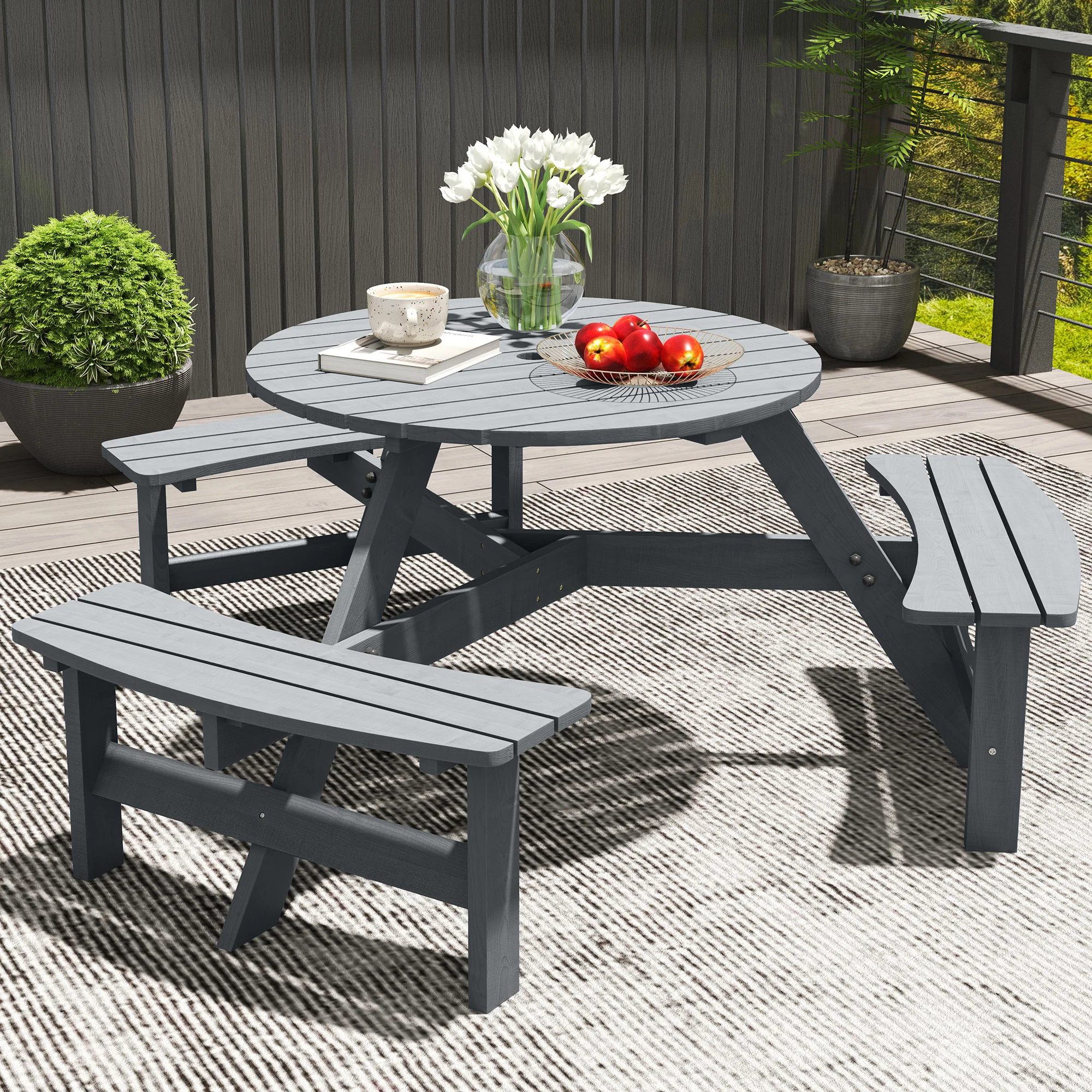 Outsunny 6 Person Fir Wood Table Bench Set Outdoor Garden Patio, Grey - Image 8