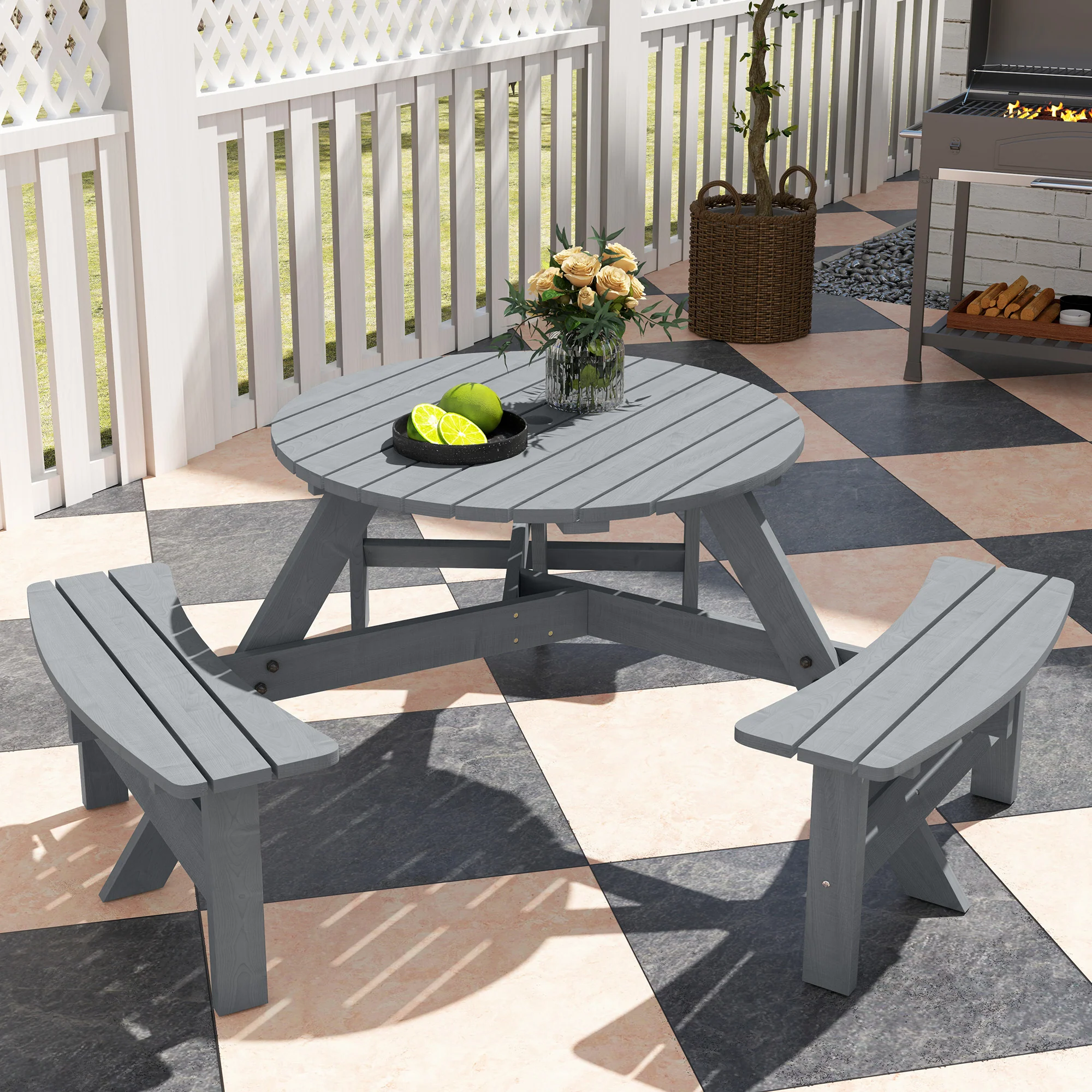 Outsunny 6 Person Fir Wood Table Bench Set Outdoor Garden Patio, Grey - Image 9
