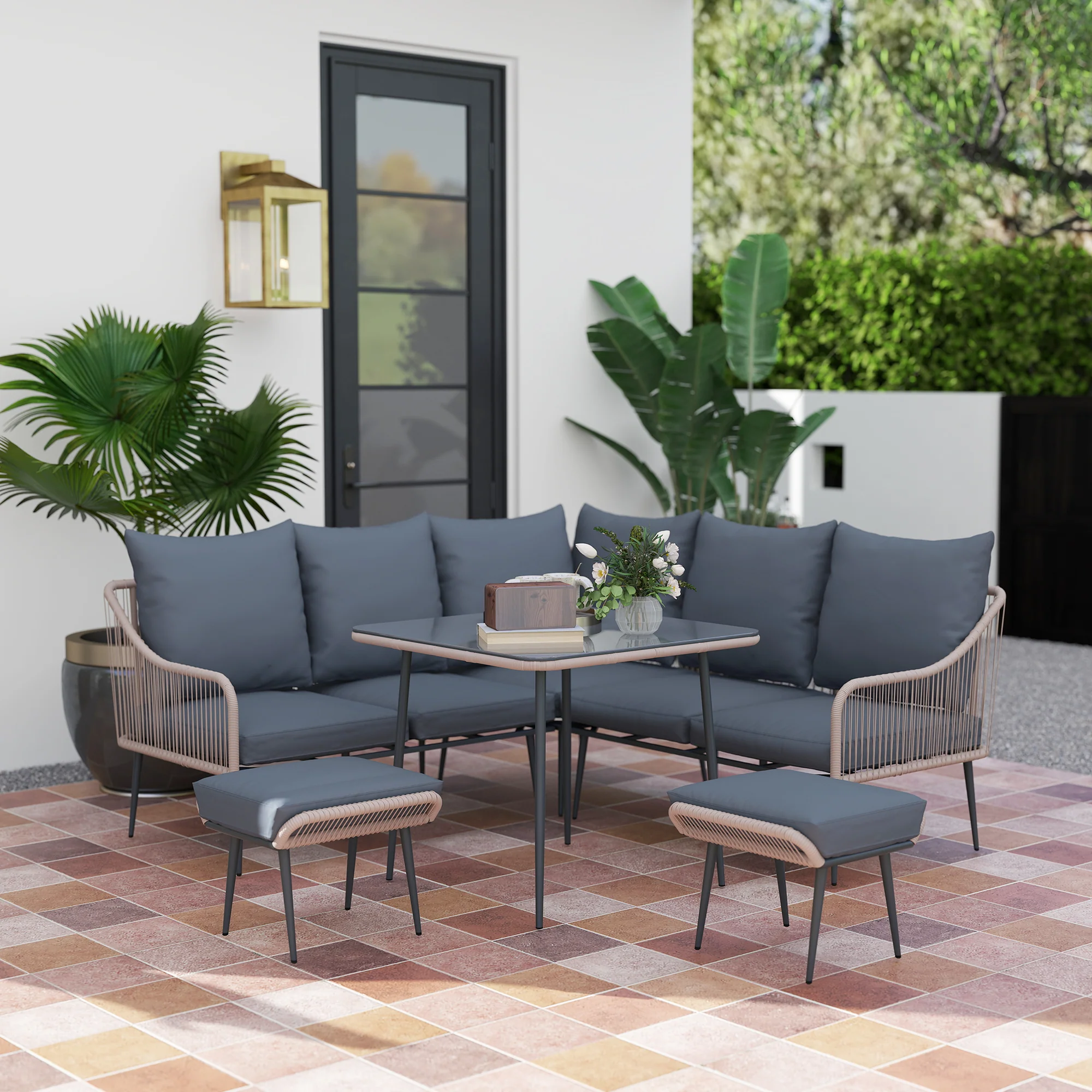 Outsunny 6 Piece Garden Furniture Set Garden Sofa With Cushions, Light Grey - Image 11