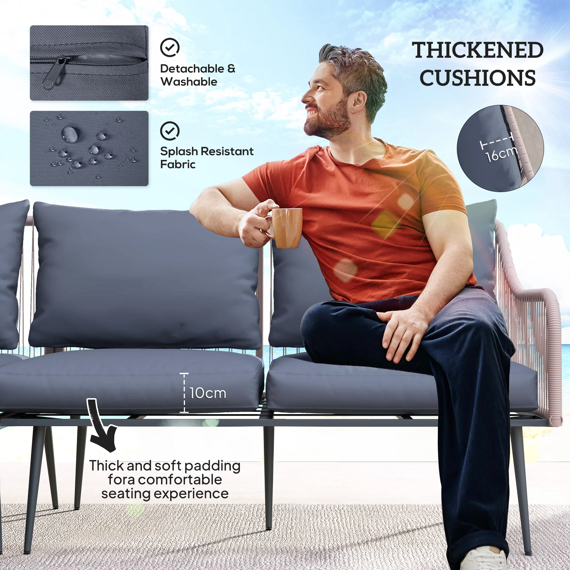 Outsunny 6 Piece Garden Furniture Set Garden Sofa With Cushions, Light Grey - Image 12