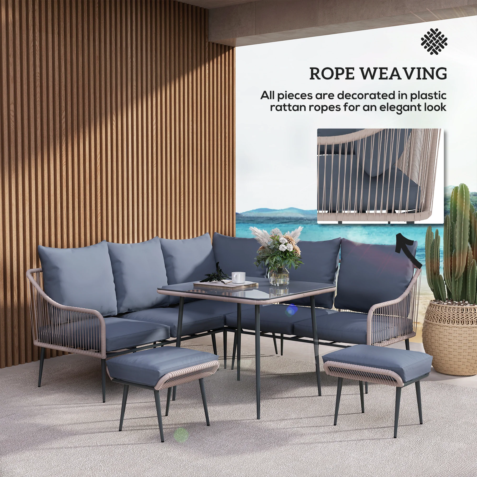 Outsunny 6 Piece Garden Furniture Set Garden Sofa With Cushions, Light Grey - Image 16