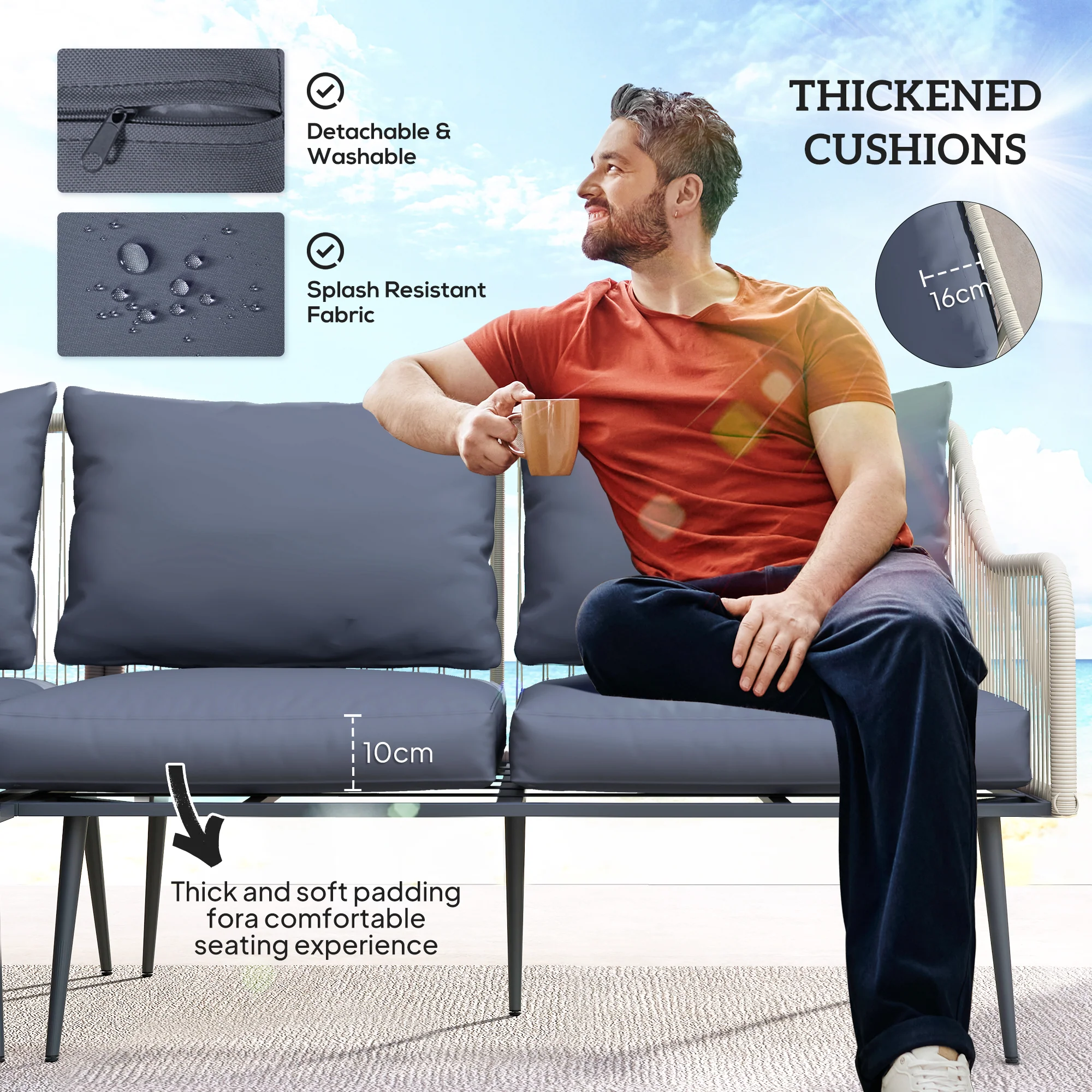 Outsunny 6 Piece Garden Furniture Set Garden Sofa With Cushions, Light Grey - Image 3
