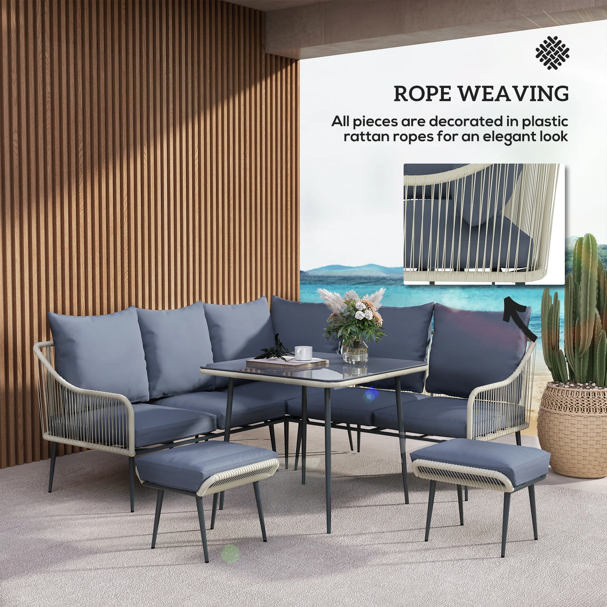 Outsunny 6 Piece Garden Furniture Set Garden Sofa With Cushions, Light Grey - Image 7