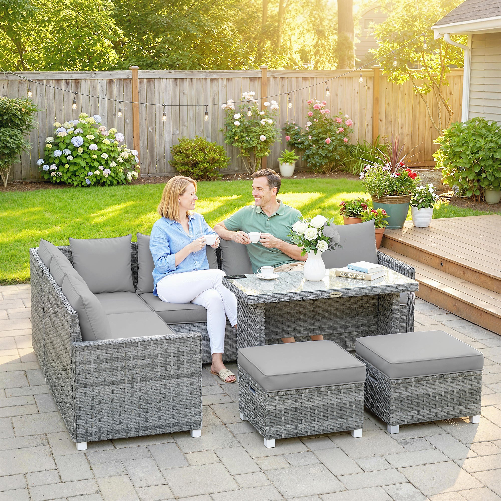 Outsunny 6 Piece Rattan Garden Furniture Set With Cushions, Grey - Image 9