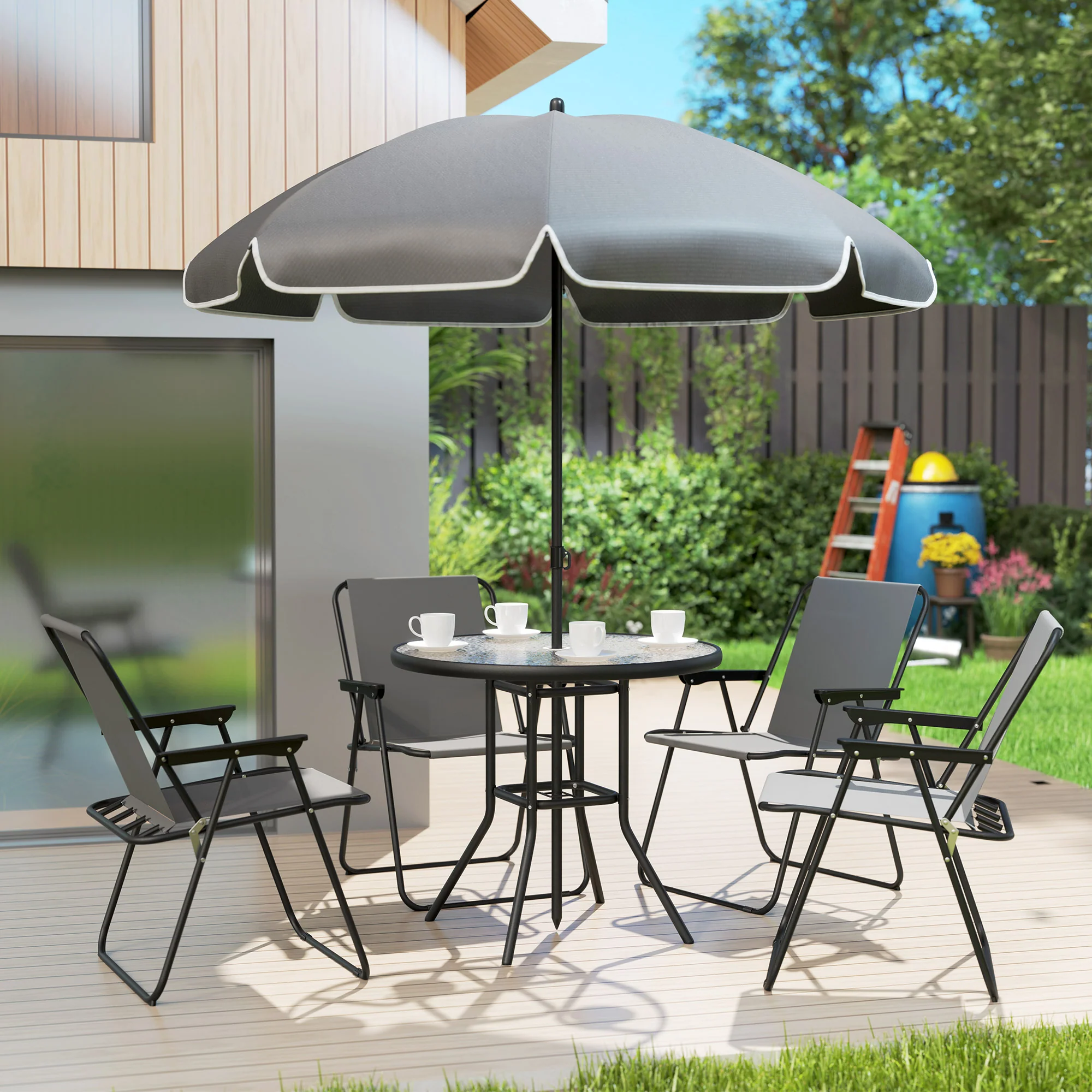 Outsunny 6 Pieces Garden Furniture Set With Parasol, Folding Chairs, Grey - Image 18