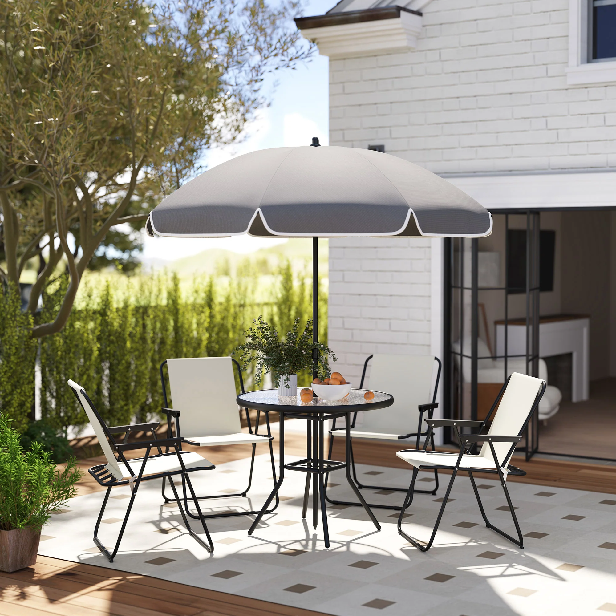 Outsunny 6 Pieces Garden Furniture Set With Parasol, Folding Chairs, Grey - Image 2