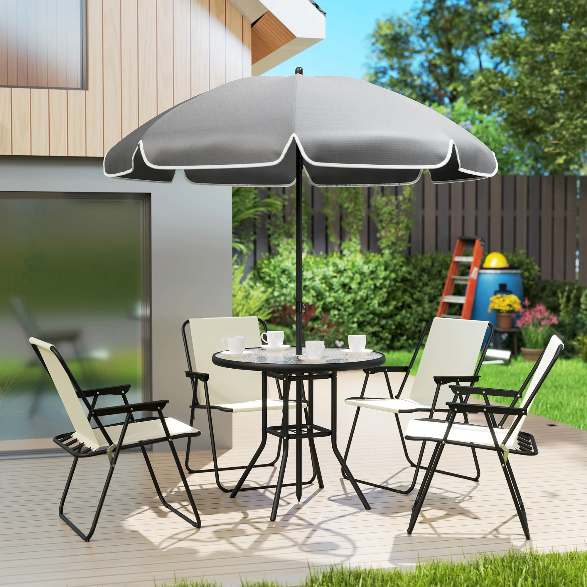 Outsunny 6 Pieces Garden Furniture Set With Parasol, Folding Chairs, Grey - Image 9