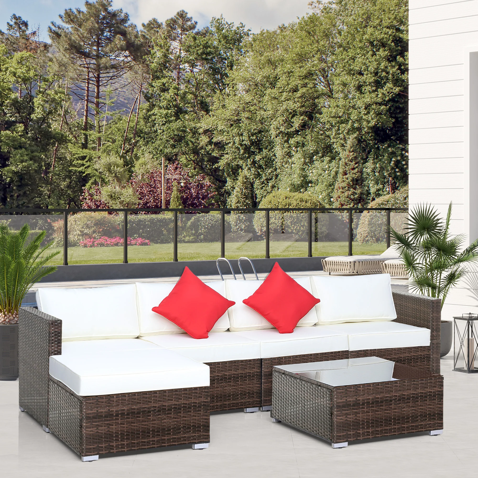 Outsunny 6 Pieces Rattan Furniture Set Garden Sofa Conservatory Wicker Brown - Image 2
