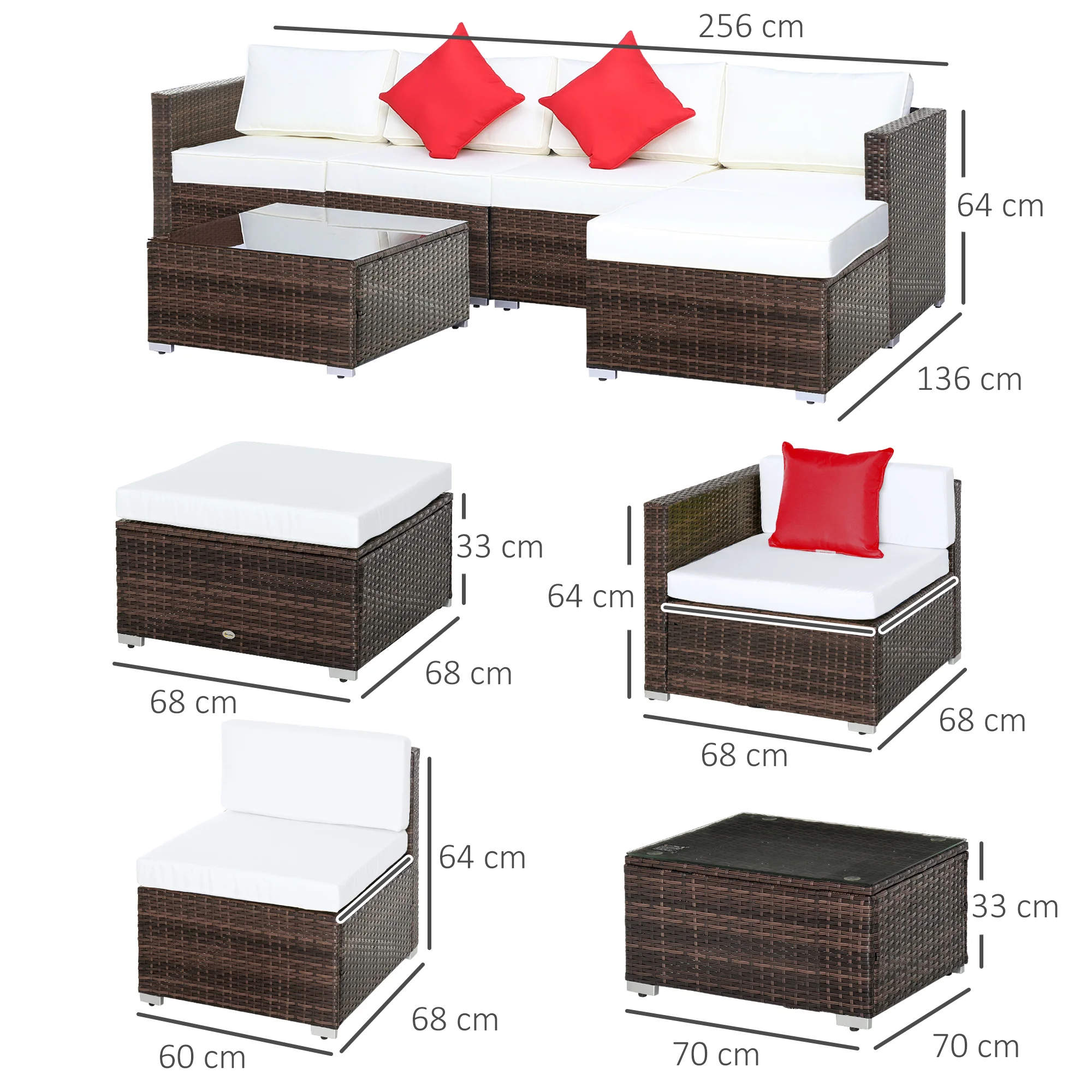 Outsunny 6 Pieces Rattan Furniture Set Garden Sofa Conservatory Wicker Brown - Image 5