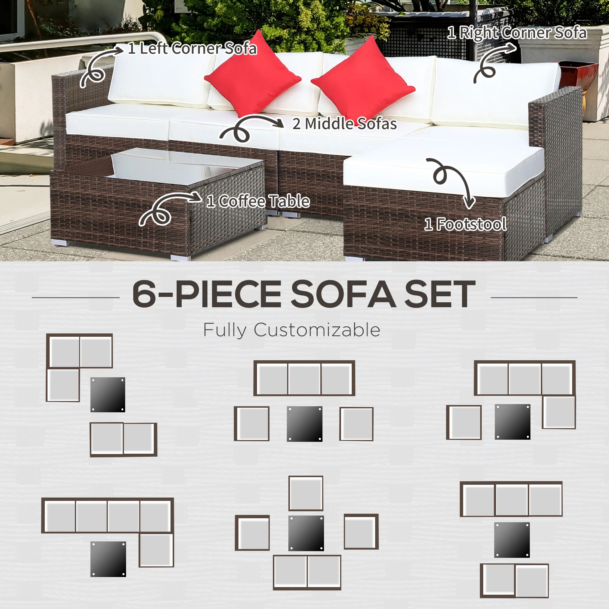 Outsunny 6 Pieces Rattan Furniture Set Garden Sofa Conservatory Wicker Brown - Image 6