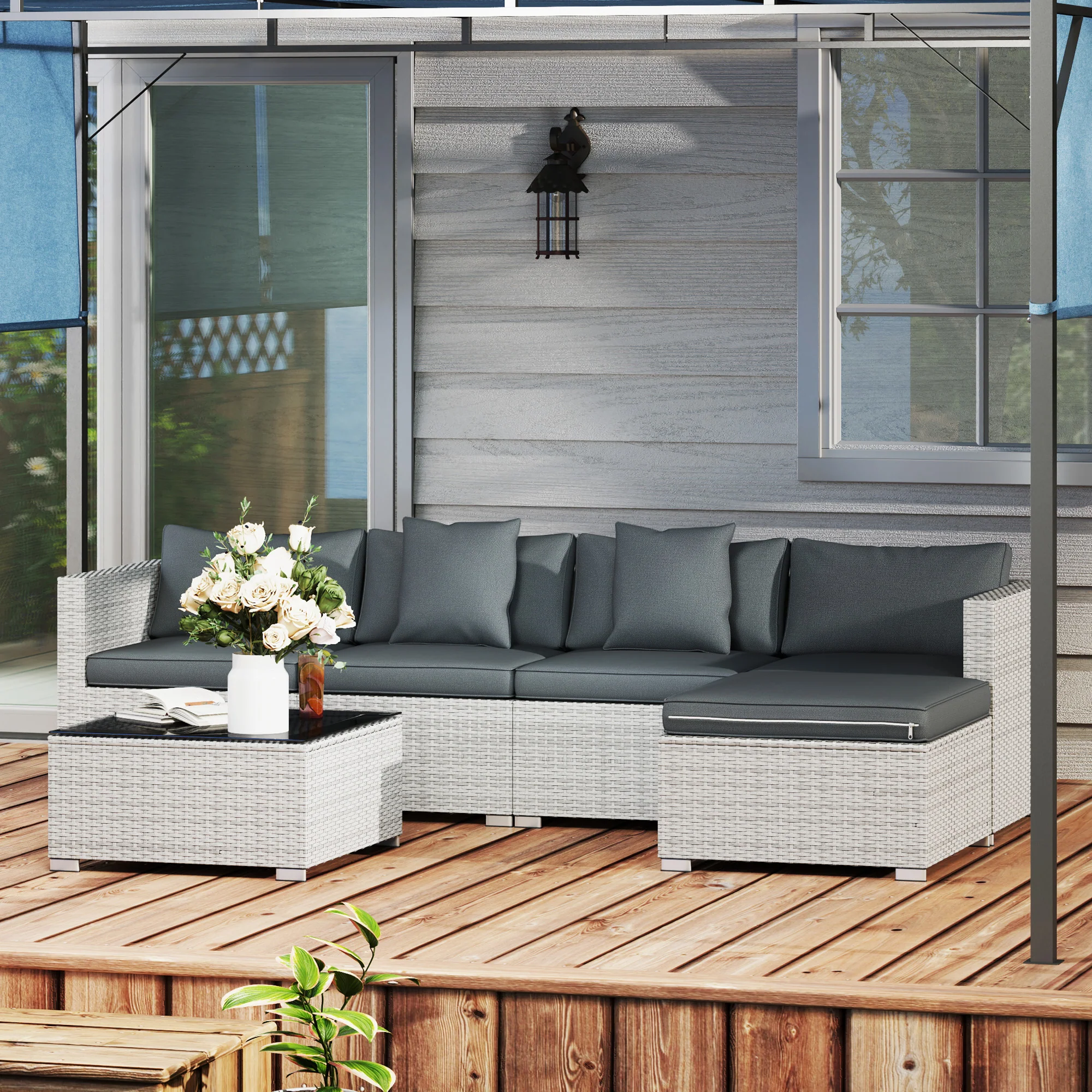 Outsunny 6 Pieces Rattan Furniture Set Garden Sofa Set Mixed Grey - Image 2