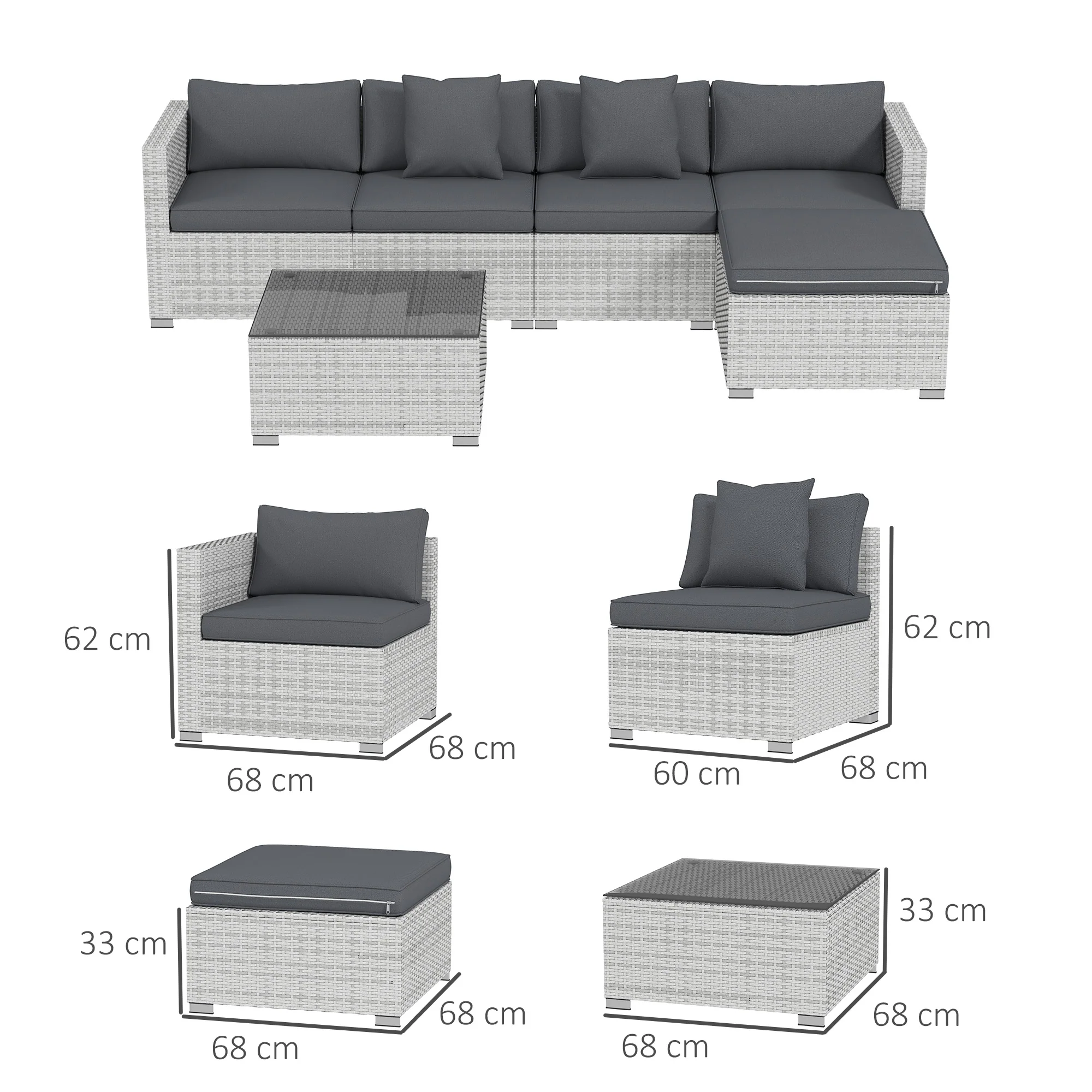 Outsunny 6 Pieces Rattan Furniture Set Garden Sofa Set Mixed Grey - Image 5