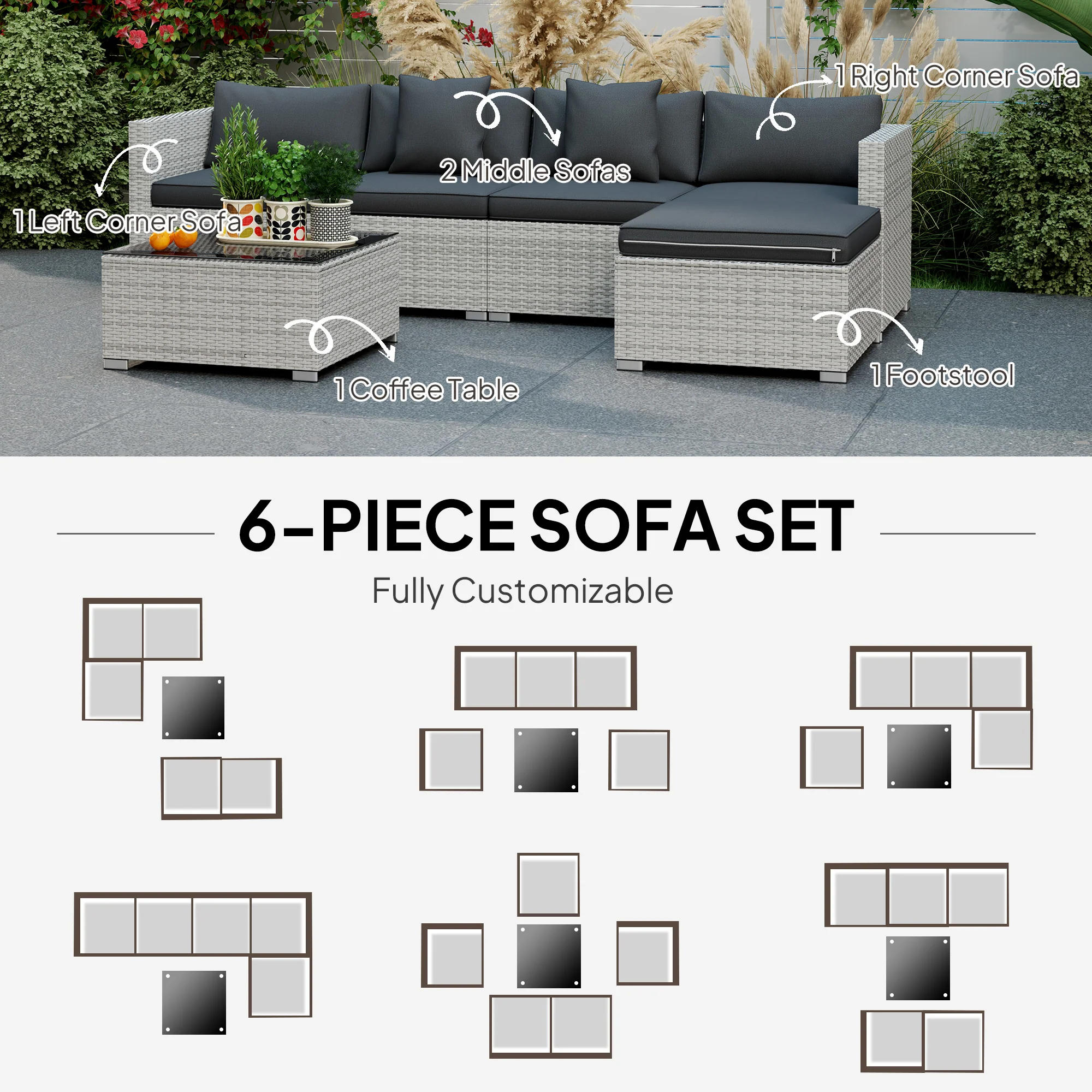Outsunny 6 Pieces Rattan Furniture Set Garden Sofa Set Mixed Grey - Image 7