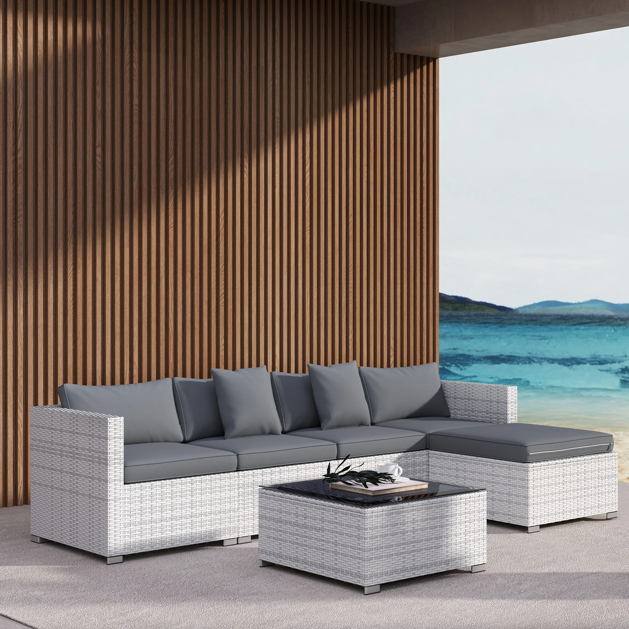 Outsunny 6 Pieces Rattan Furniture Set Garden Sofa Set Mixed Grey - Image 9