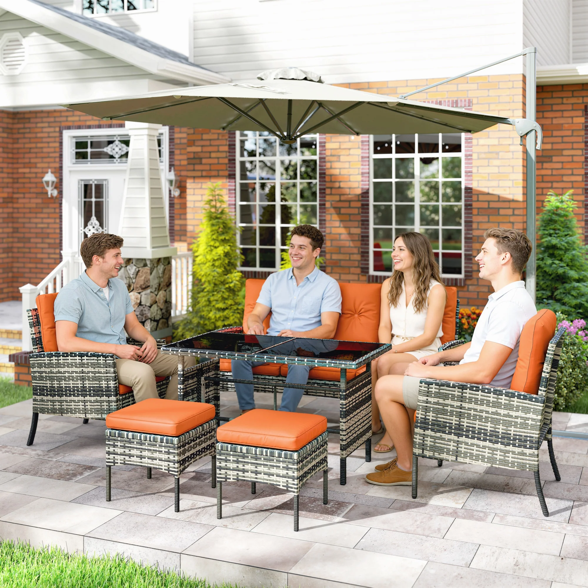 Outsunny 6 Pieces Rattan Garden Furniture Sofa Set with Cushions, Orange - Image 2