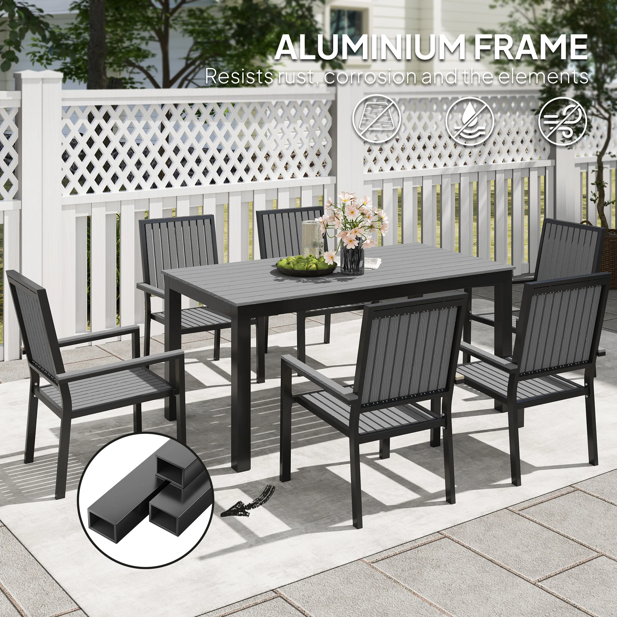 Outsunny 6 Seater Aluminium Garden Dining Set with Stackable Chairs, Grey - Image 3