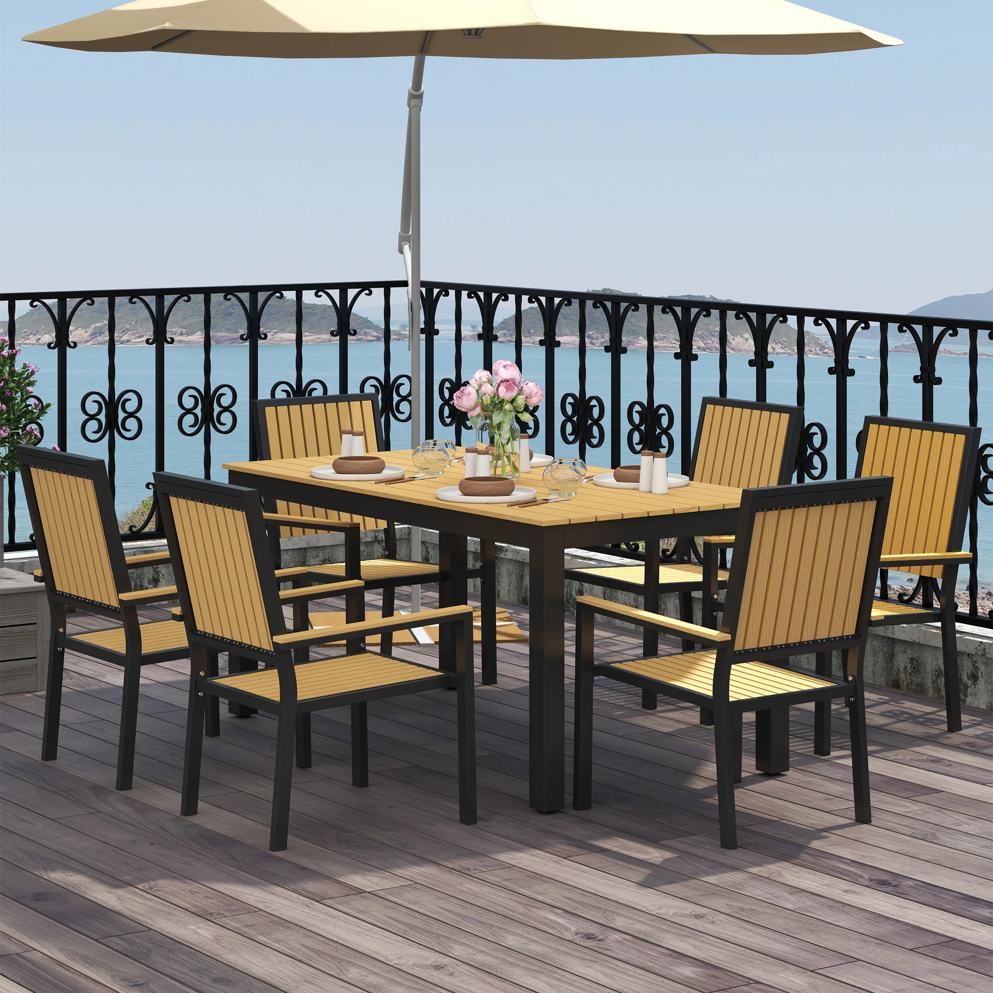 Outsunny 6 Seater Aluminium Garden Dining Set with Stackable Chairs, Natural - Image 11