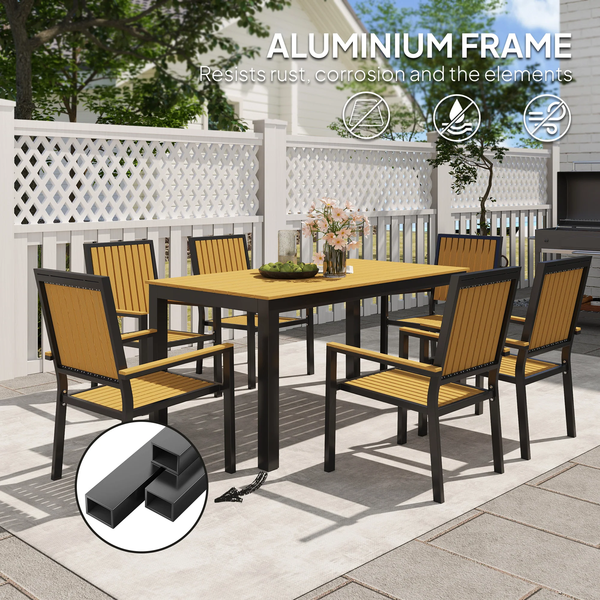 Outsunny 6 Seater Aluminium Garden Dining Set with Stackable Chairs, Natural - Image 12