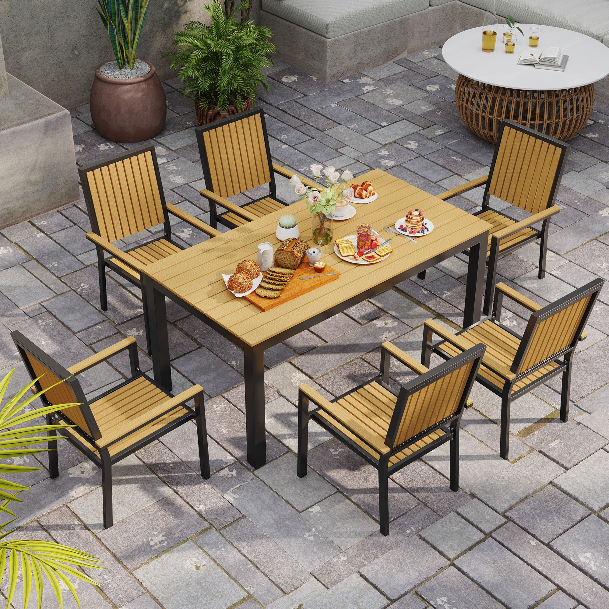 Outsunny 6 Seater Aluminium Garden Dining Set with Stackable Chairs, Natural - Image 16