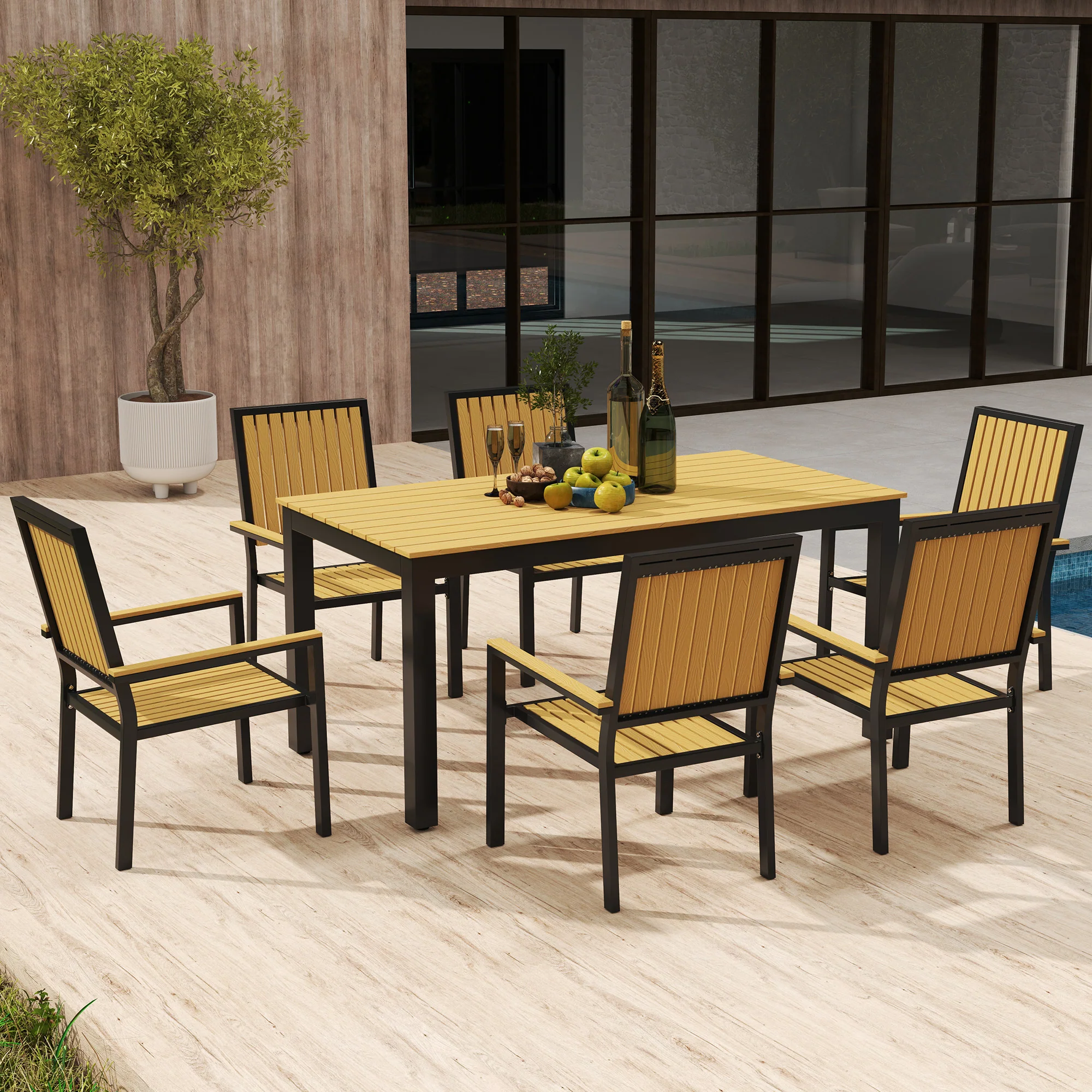 Outsunny 6 Seater Aluminium Garden Dining Set with Stackable Chairs, Natural - Image 17
