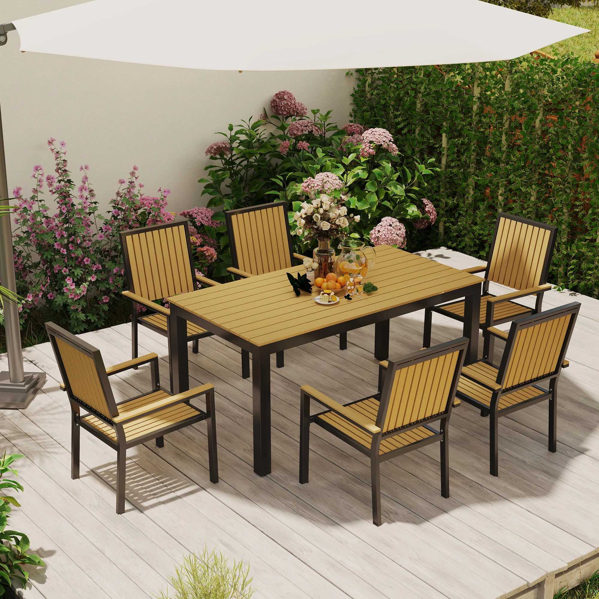 Outsunny 6 Seater Aluminium Garden Dining Set with Stackable Chairs, Natural - Image 18