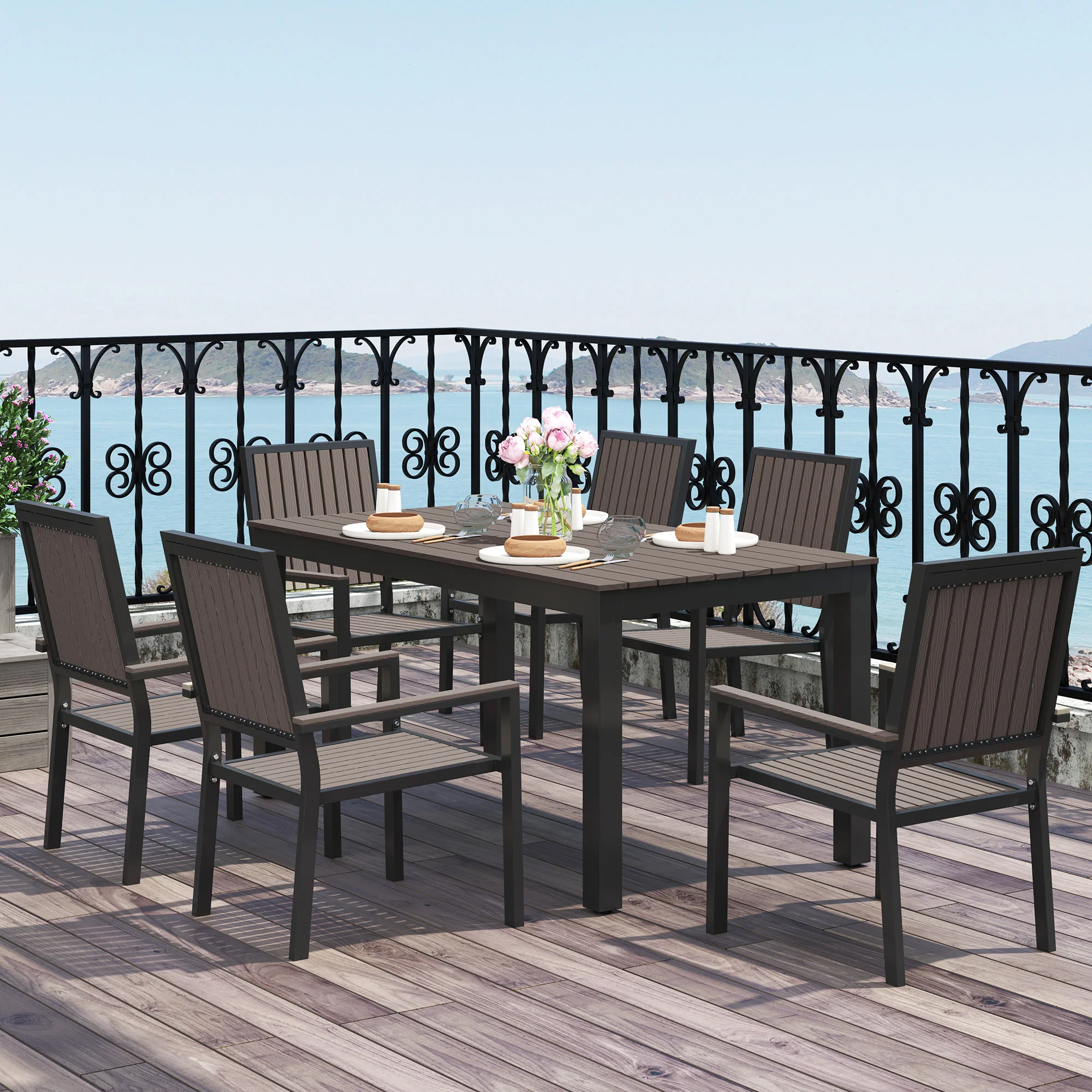 Outsunny 6 Seater Aluminium Garden Dining Set with Stackable Chairs, Natural - Image 2