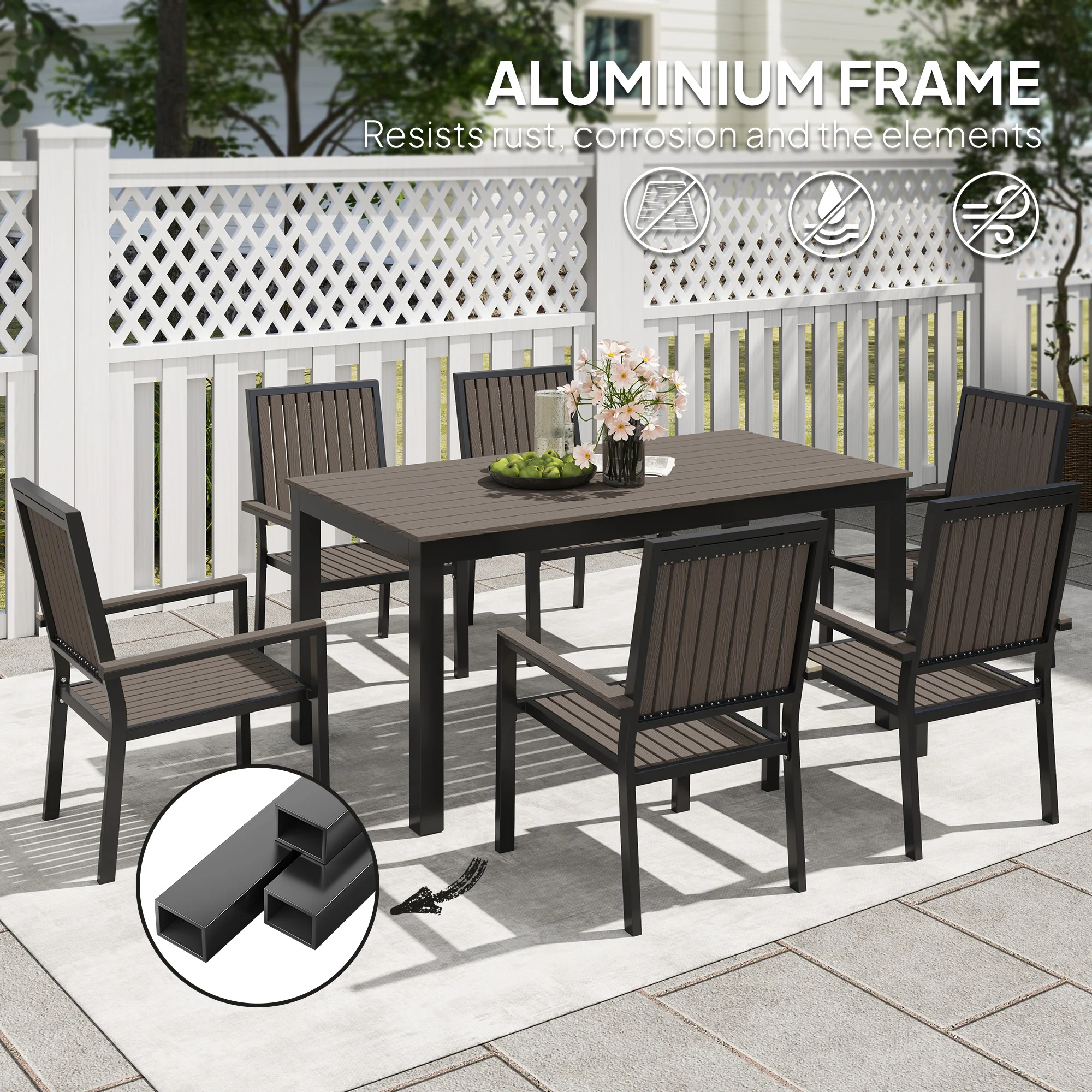 Outsunny 6 Seater Aluminium Garden Dining Set with Stackable Chairs, Natural - Image 3