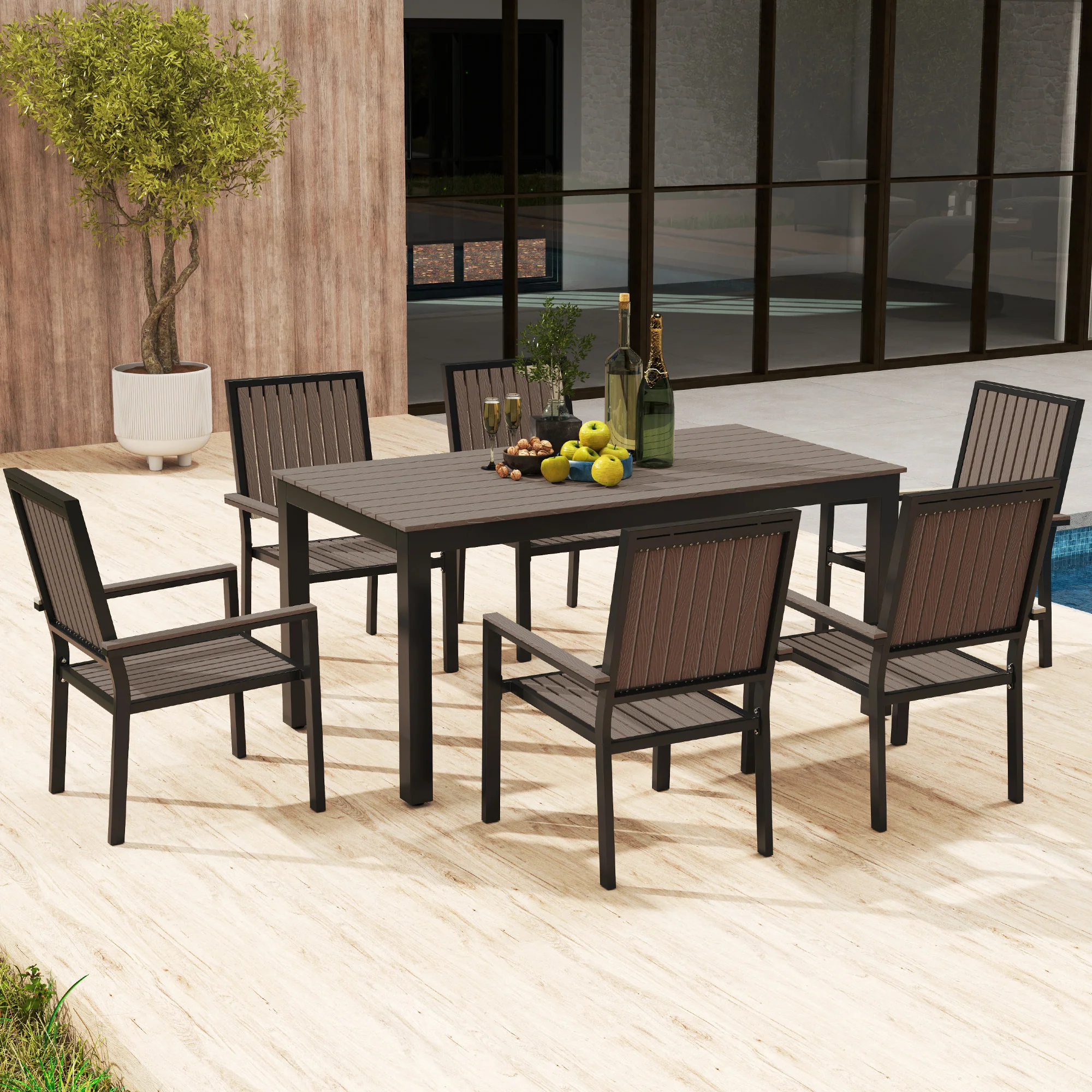 Outsunny 6 Seater Aluminium Garden Dining Set with Stackable Chairs, Natural - Image 8