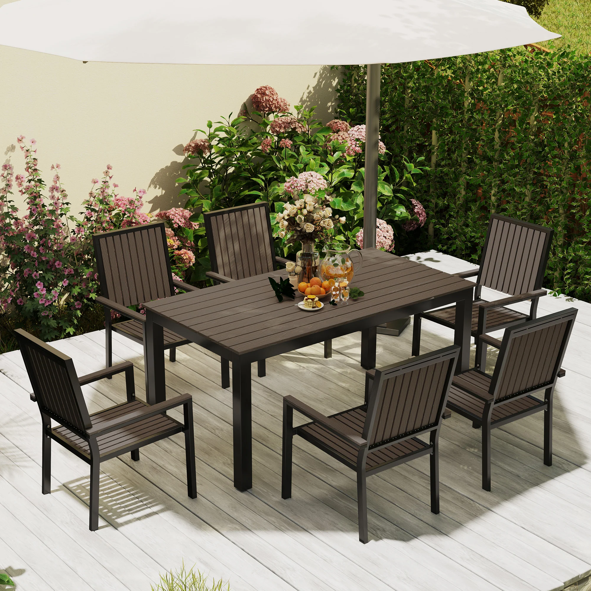 Outsunny 6 Seater Aluminium Garden Dining Set with Stackable Chairs, Natural - Image 9