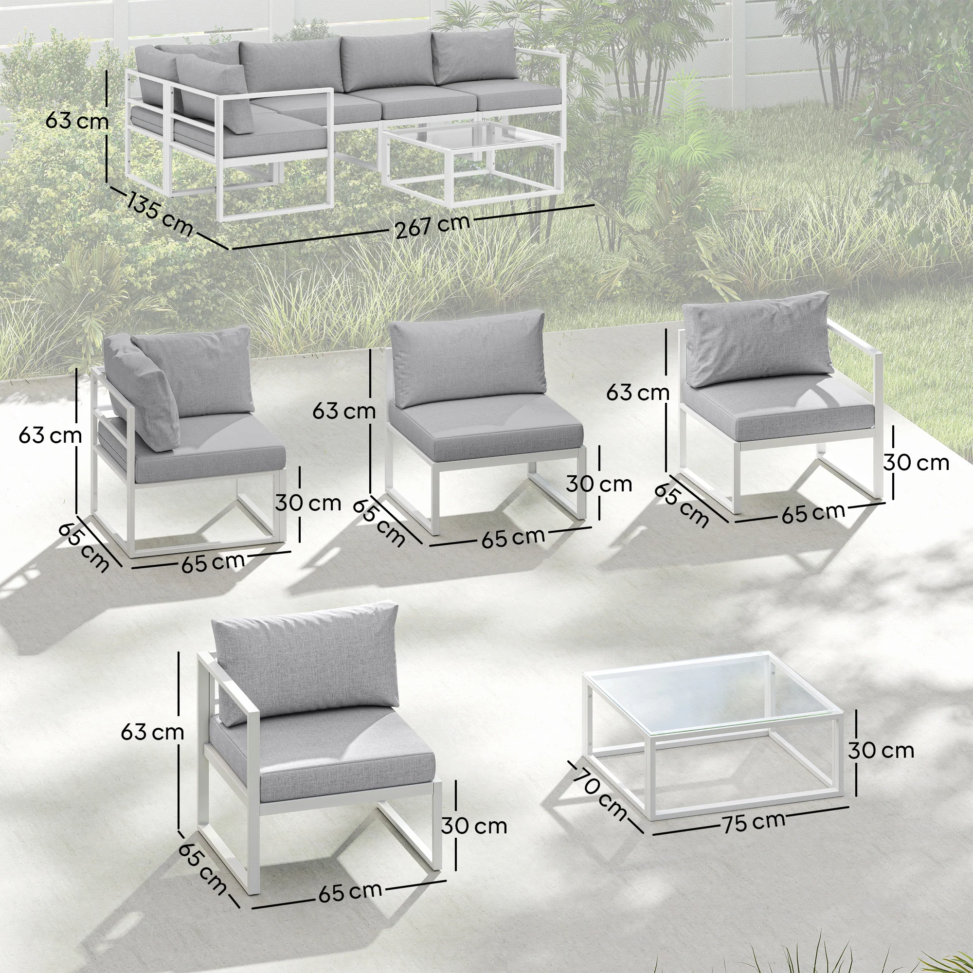 Outsunny 6 Seater Aluminium Garden Furniture Set with Table, Cushions, Grey - Image 3