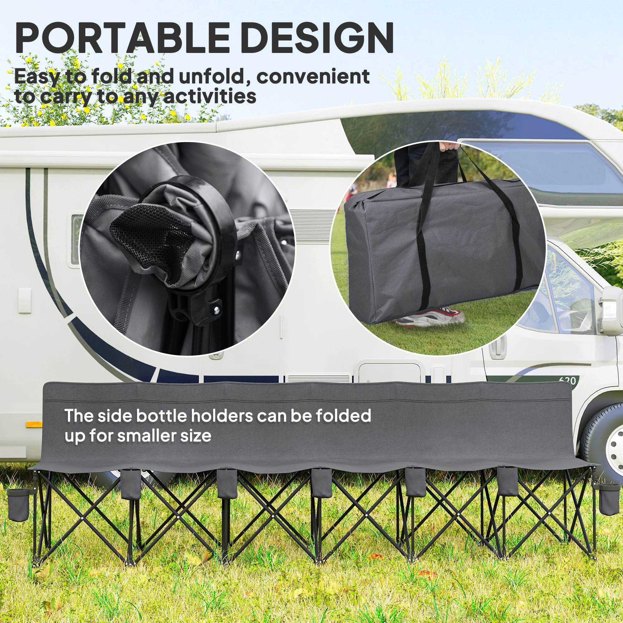 Outsunny 6 Seater Folding Bench Camping Chair with Cup Holder, Charcoal Grey - Image 3
