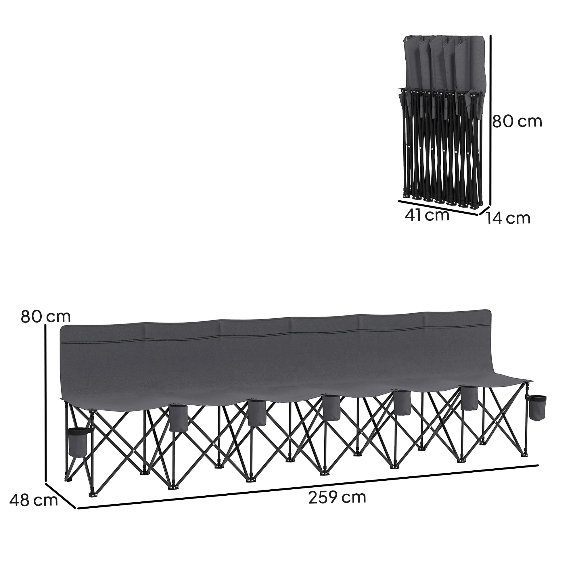 Outsunny 6 Seater Folding Bench Camping Chair with Cup Holder, Charcoal Grey - Image 5
