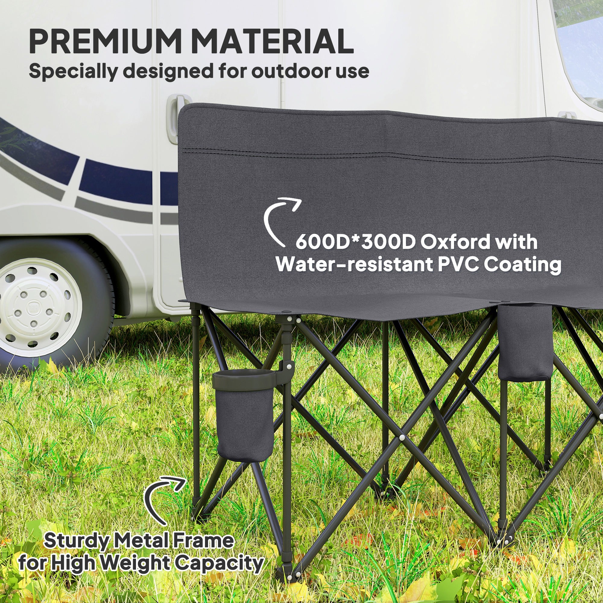 Outsunny 6 Seater Folding Bench Camping Chair with Cup Holder, Charcoal Grey - Image 6