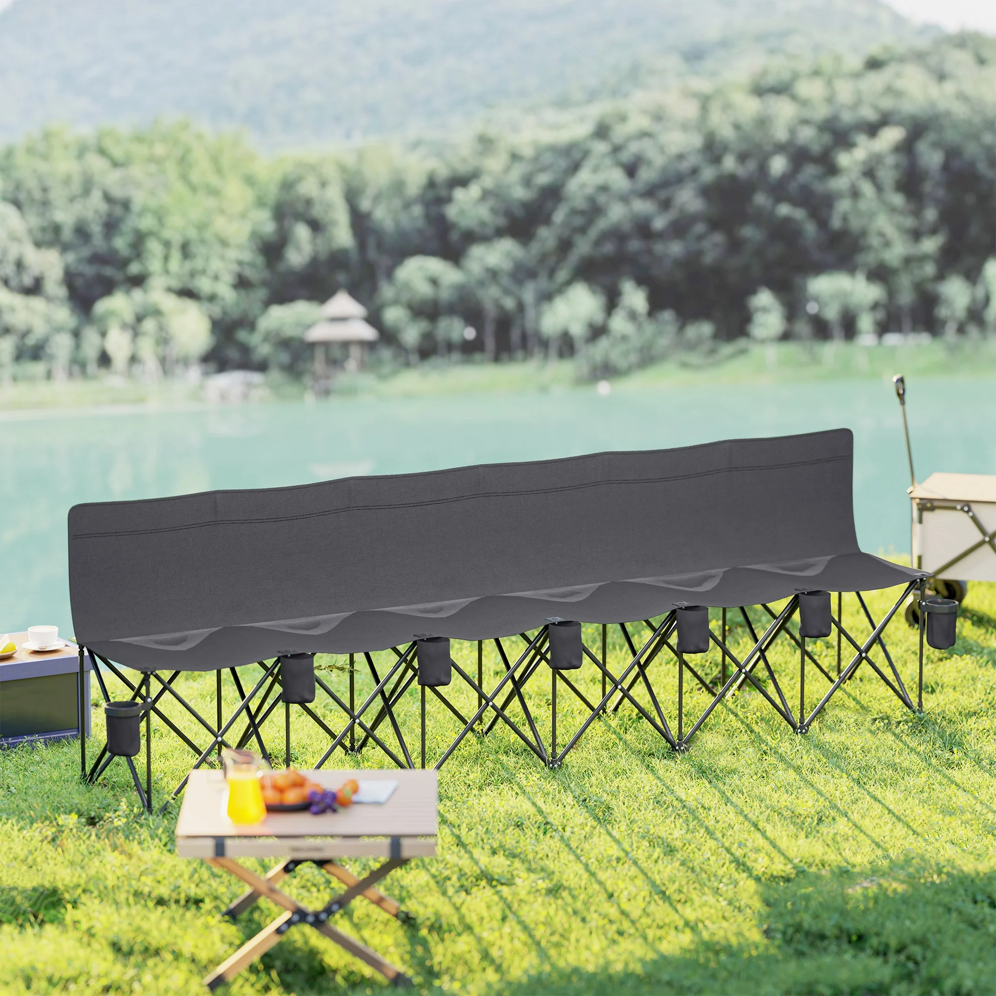 Outsunny 6 Seater Folding Bench Camping Chair with Cup Holder, Charcoal Grey - Image 8