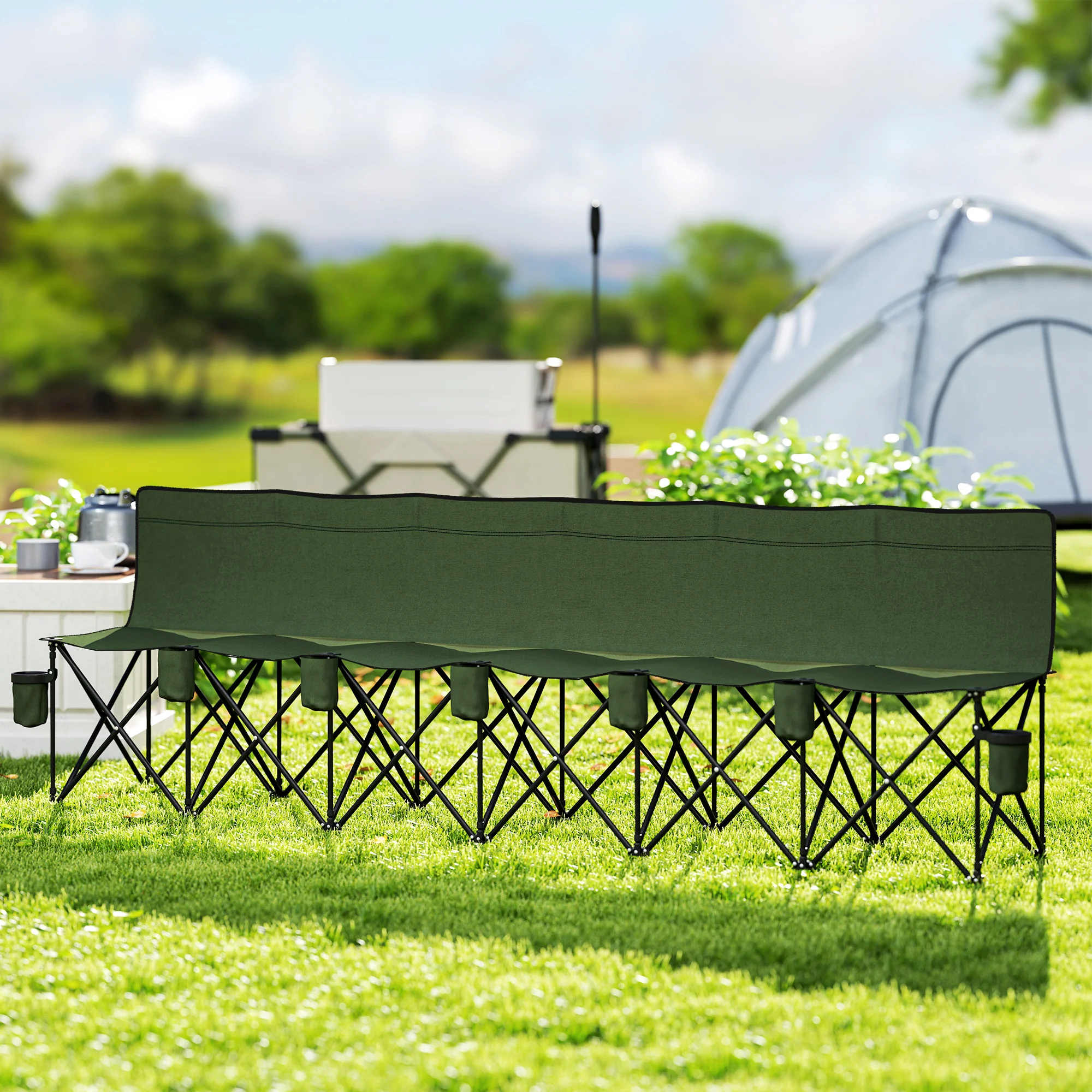 Outsunny 6 Seater Folding Bench Camping Chair with Cup Holder, Green - Image 2
