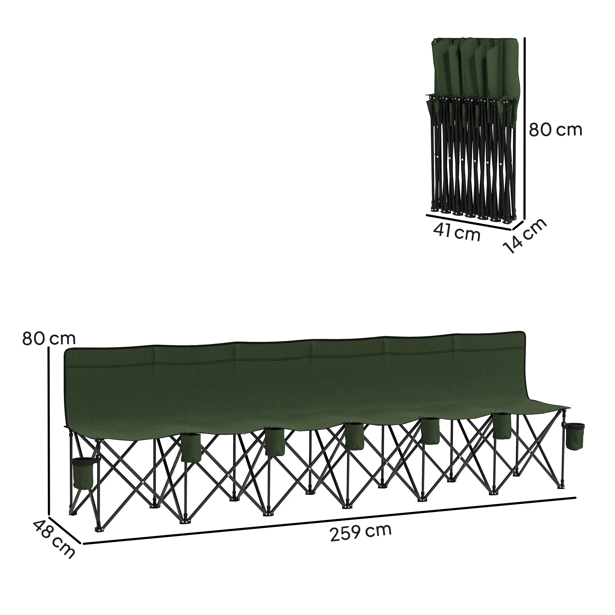 Outsunny 6 Seater Folding Bench Camping Chair with Cup Holder, Green - Image 3
