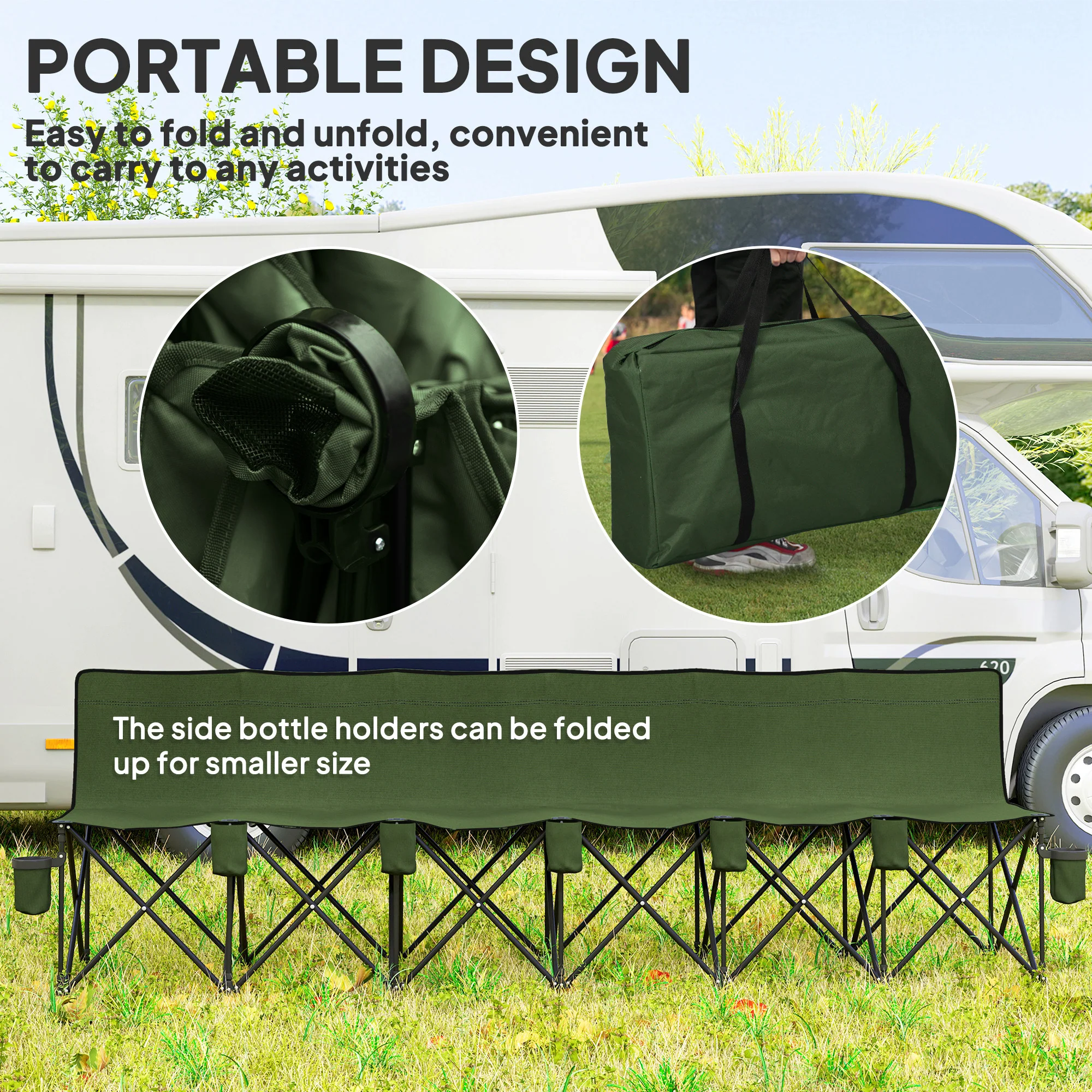 Outsunny 6 Seater Folding Bench Camping Chair with Cup Holder, Green - Image 4