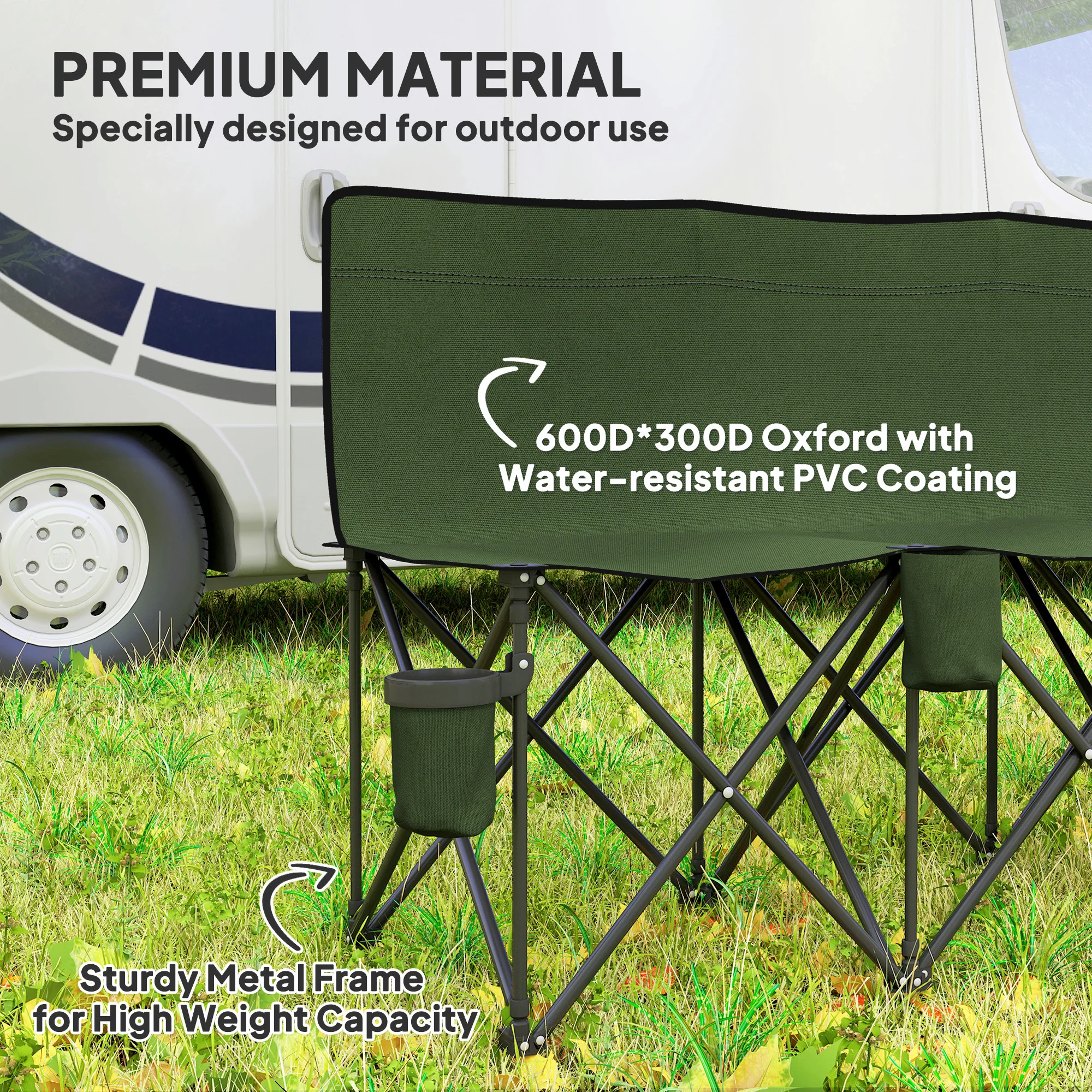 Outsunny 6 Seater Folding Bench Camping Chair with Cup Holder, Green - Image 6