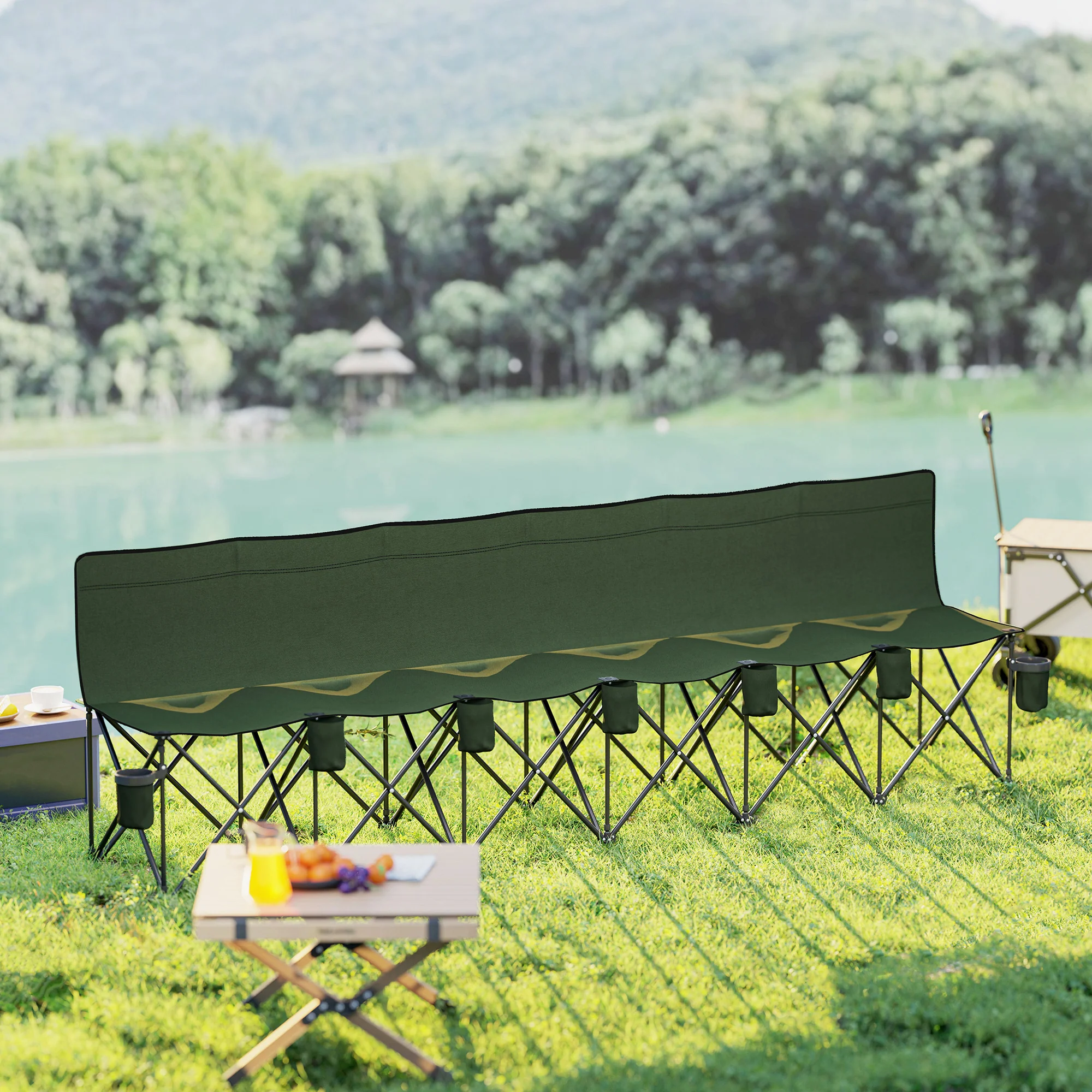 Outsunny 6 Seater Folding Bench Camping Chair with Cup Holder, Green - Image 8