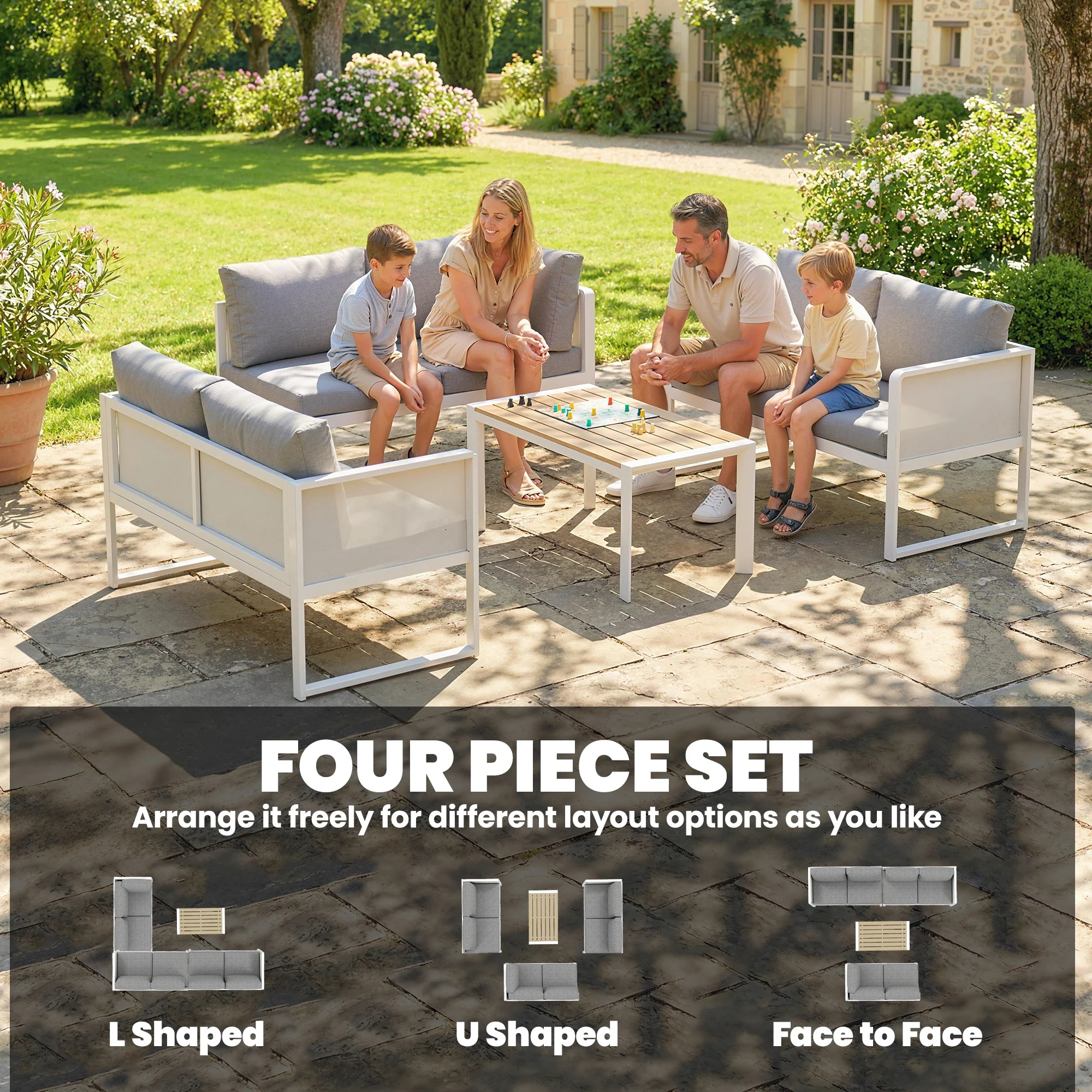 Outsunny 6 Seater Metal Garden Furniture Corner Sofa Set, White - Image 4
