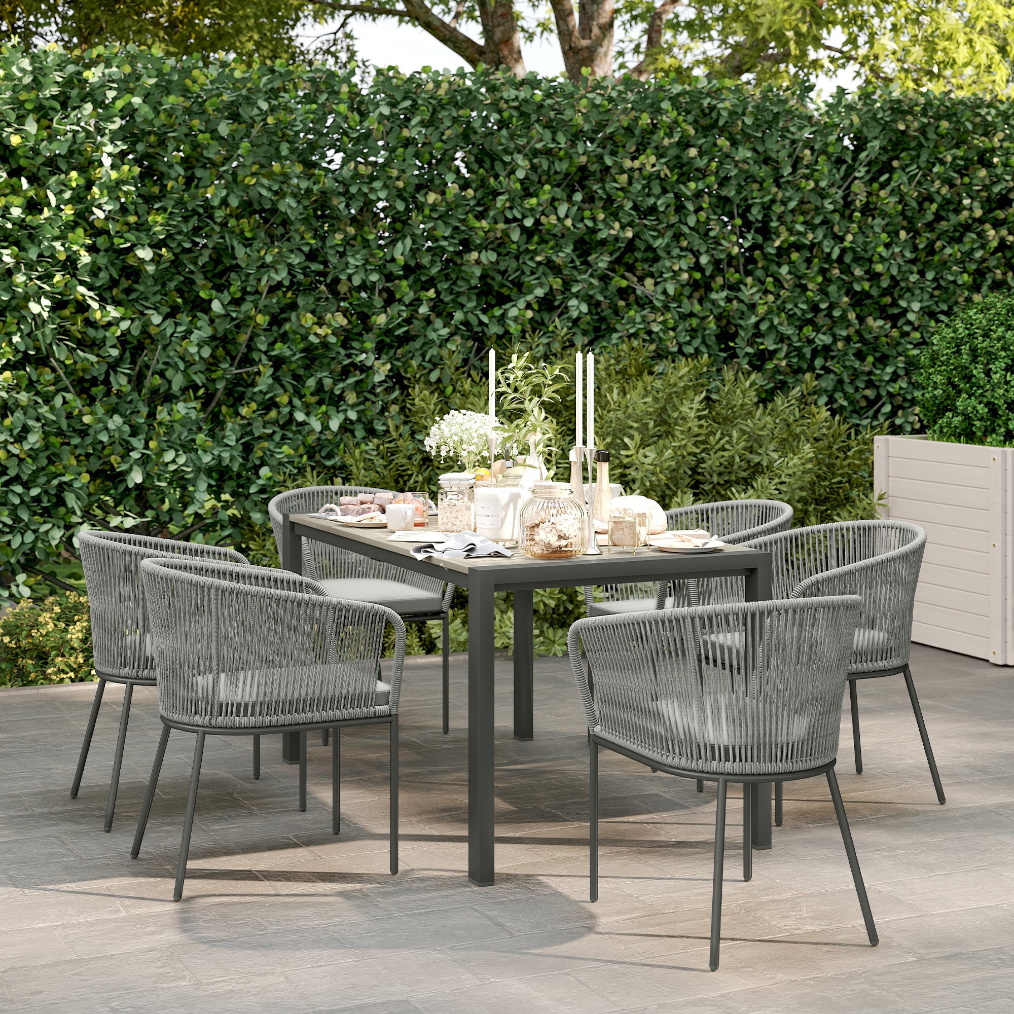 Outsunny 6 Seater Rattan Dining Set with Acacia Wood Table Top Seat Cushions - Image 9
