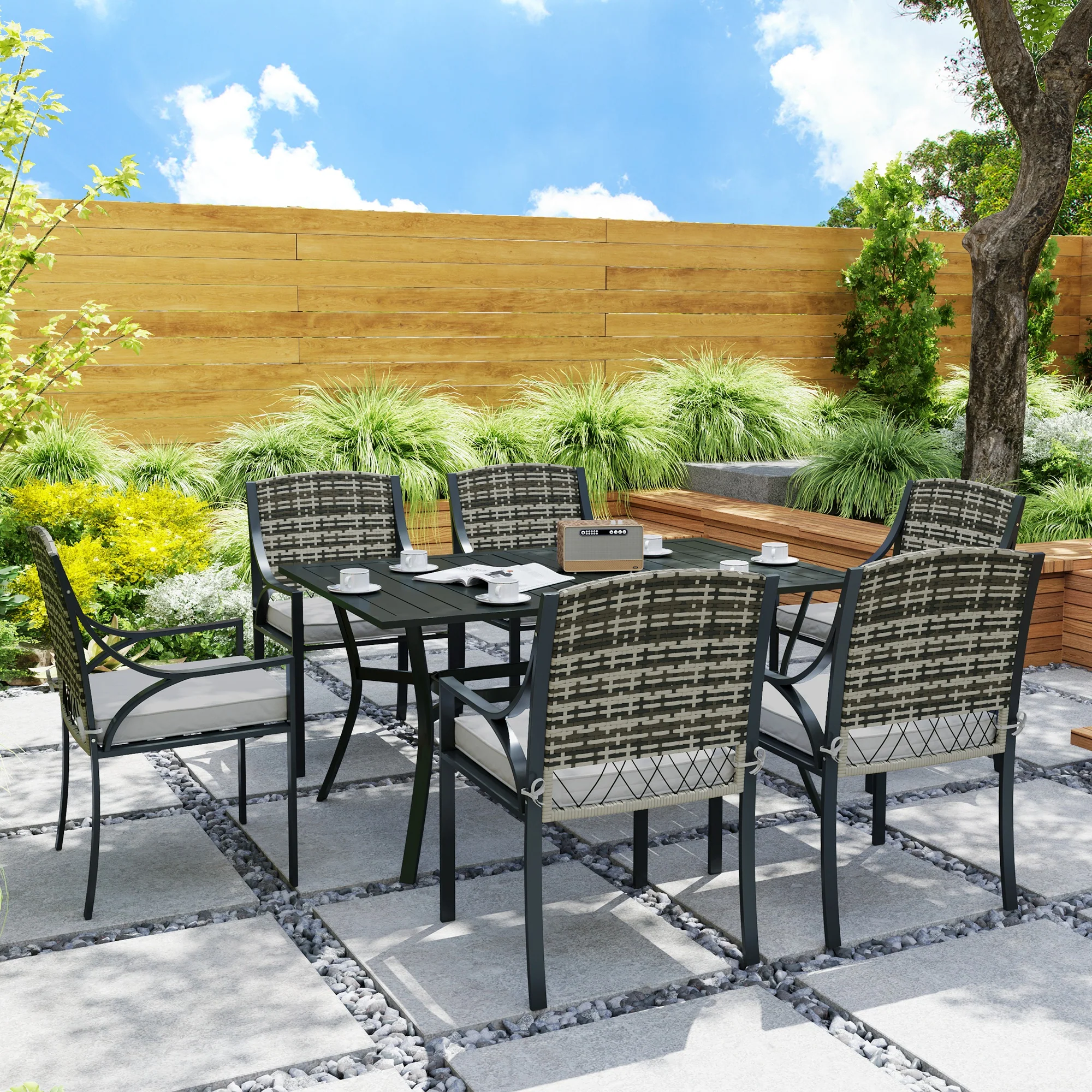 Outsunny 6 Seater Rattan Garden Furniture Set with Cushions - Image 8
