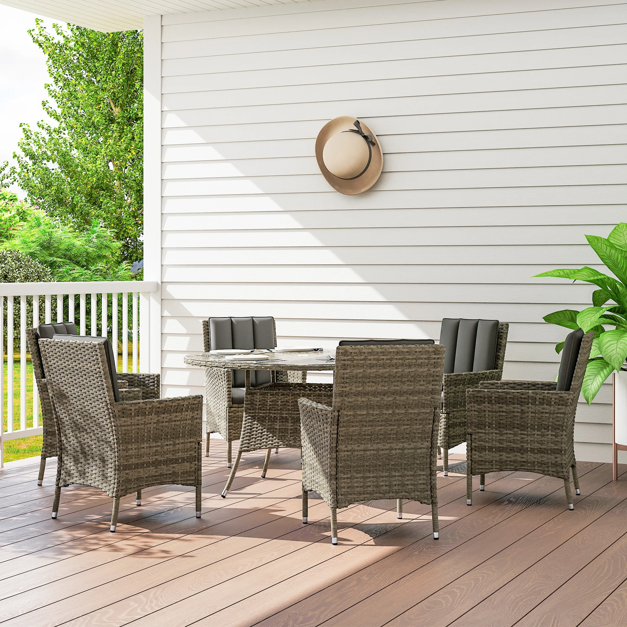 Outsunny 6 Seater Rattan Outdoor Dining Set With Cushions - Image 11