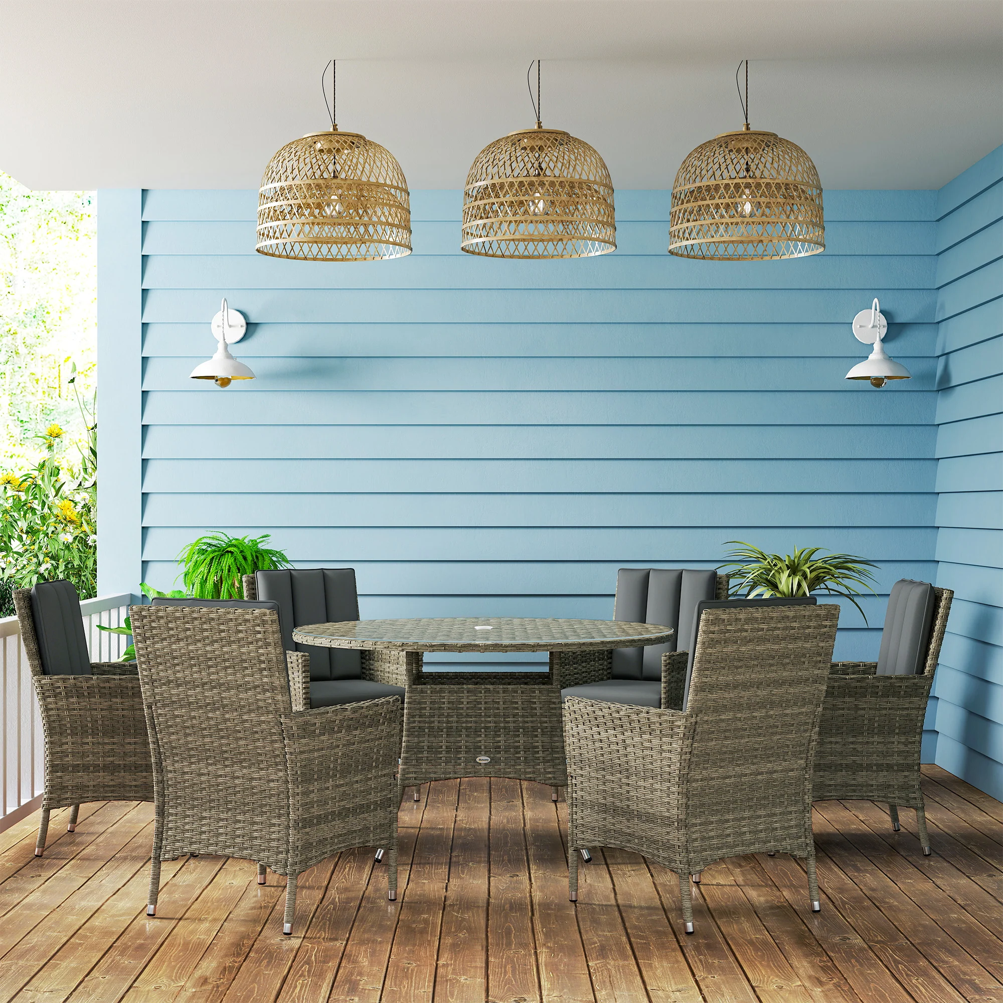 Outsunny 6 Seater Rattan Outdoor Dining Set With Cushions - Image 17