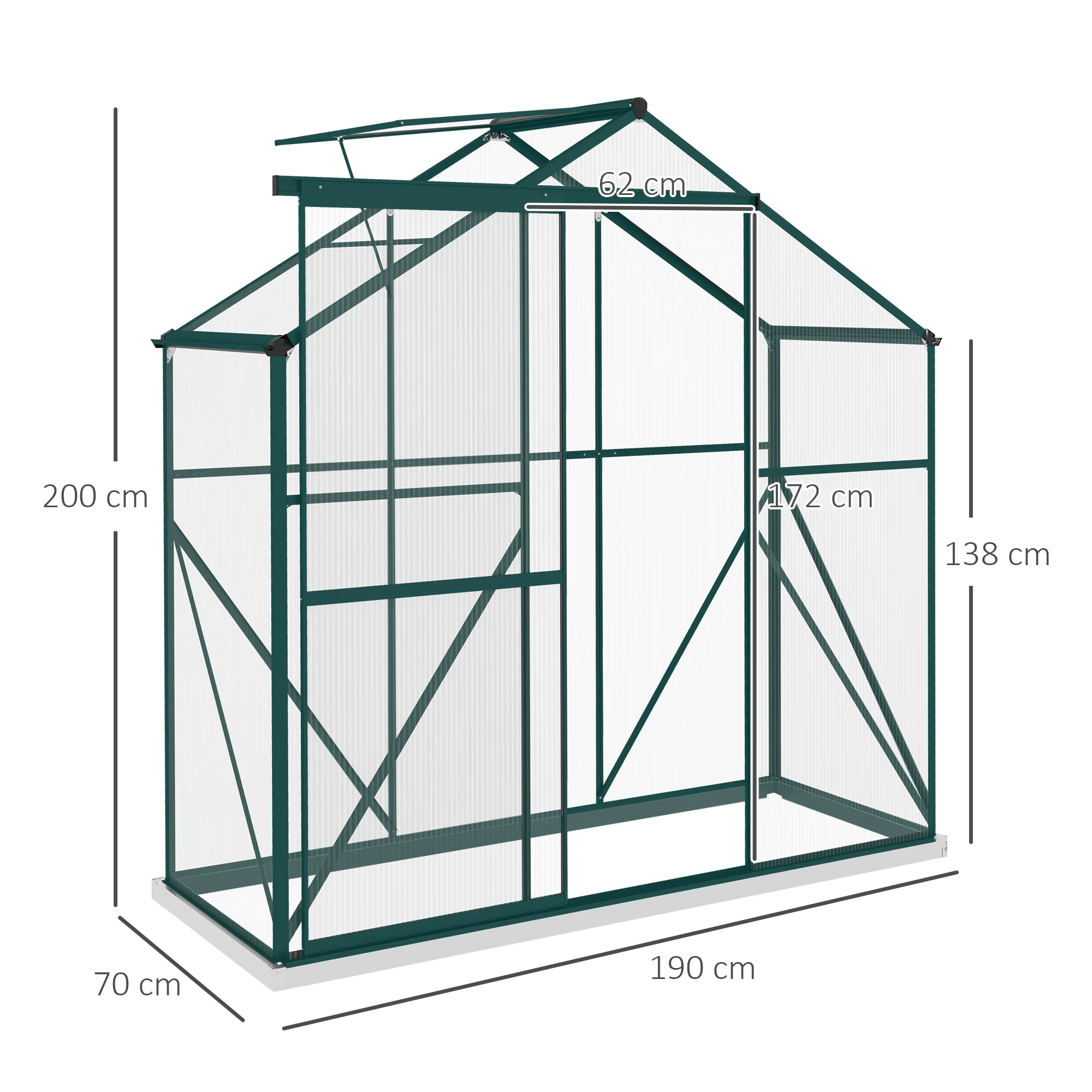 Outsunny 6 x 2.5ft Polycarbonate Greenhouse Aluminium Green House, Green - Image 5