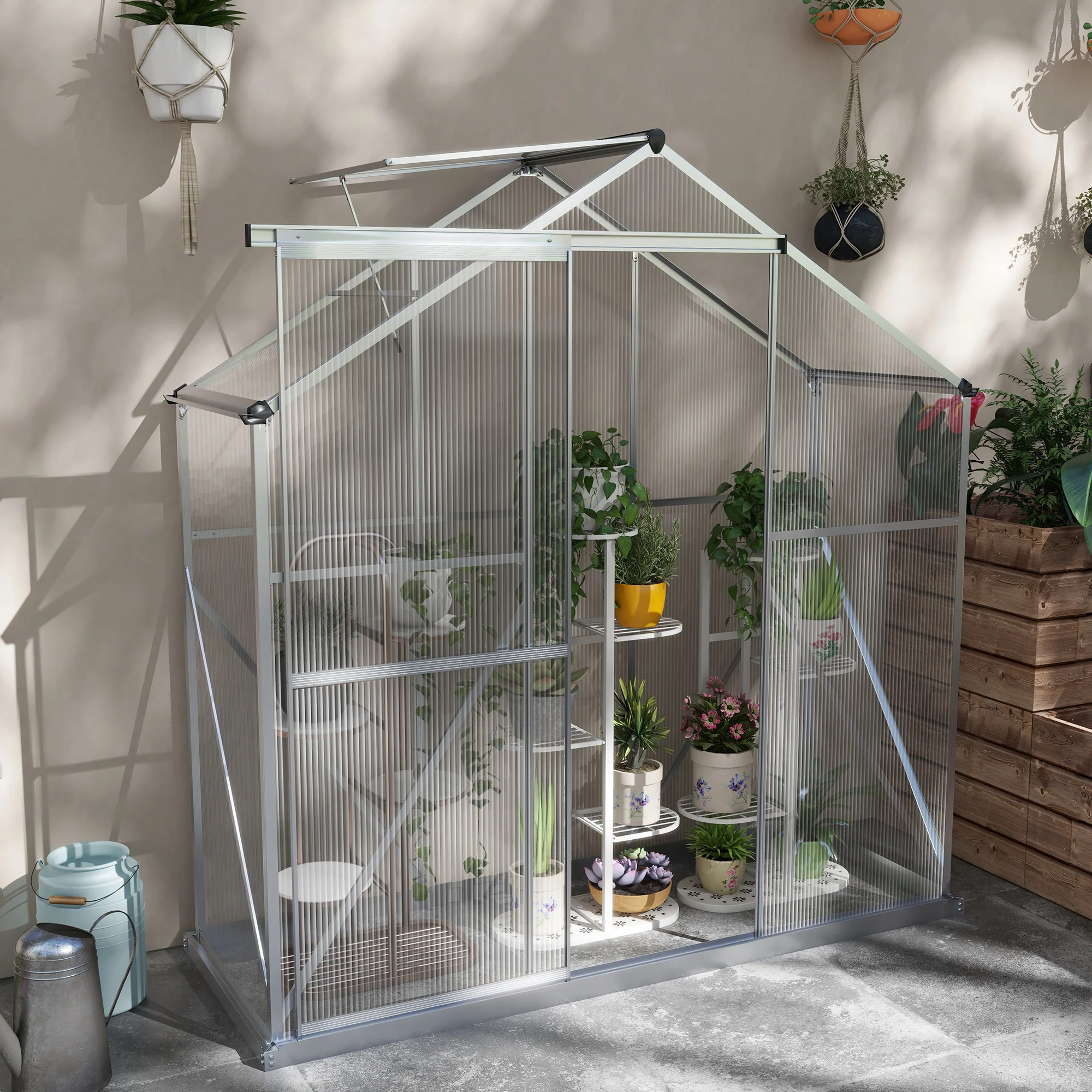 Outsunny 6 x 2.5ft Polycarbonate Greenhouse Aluminium Green House, Silver - Image 2