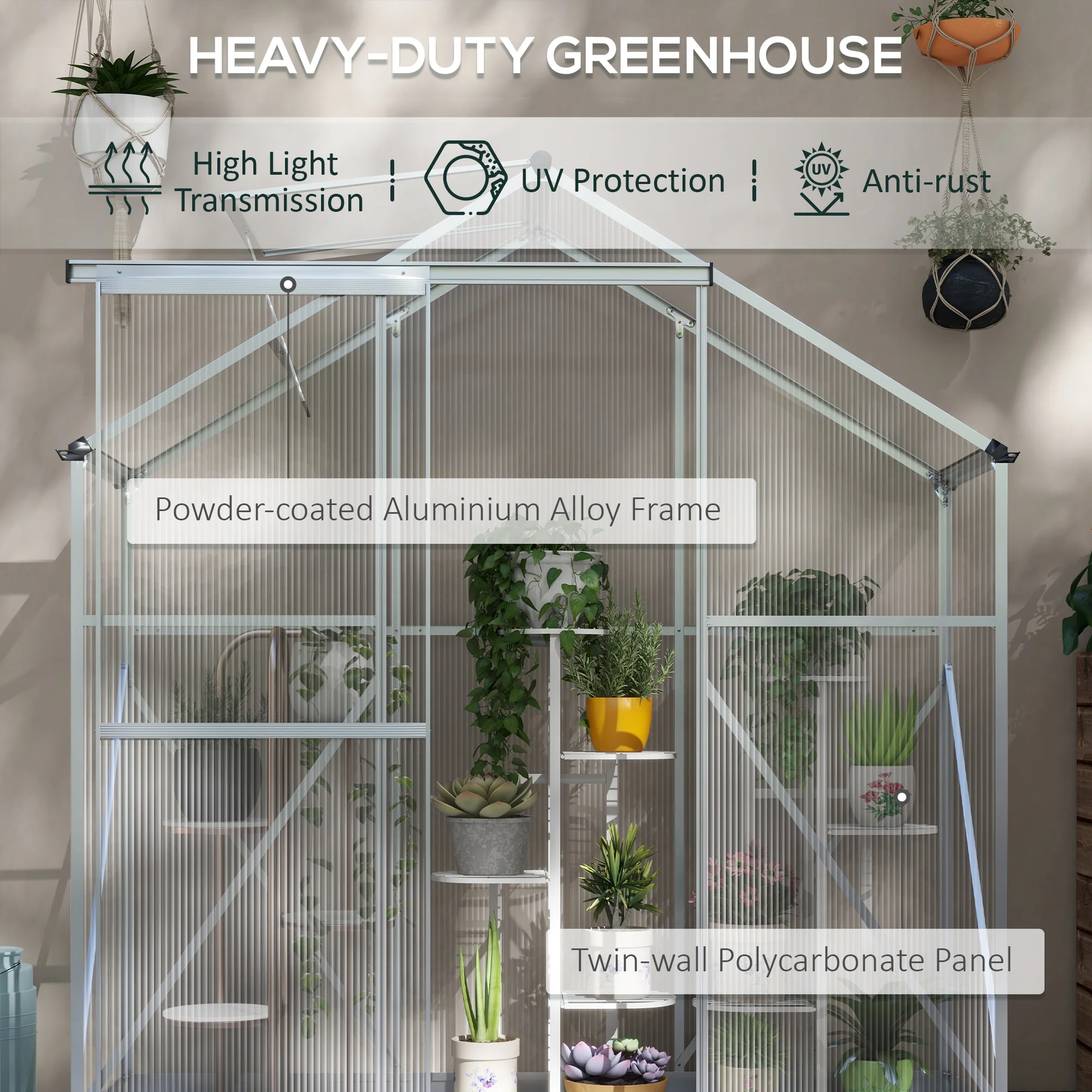 Outsunny 6 x 2.5ft Polycarbonate Greenhouse Aluminium Green House, Silver - Image 3
