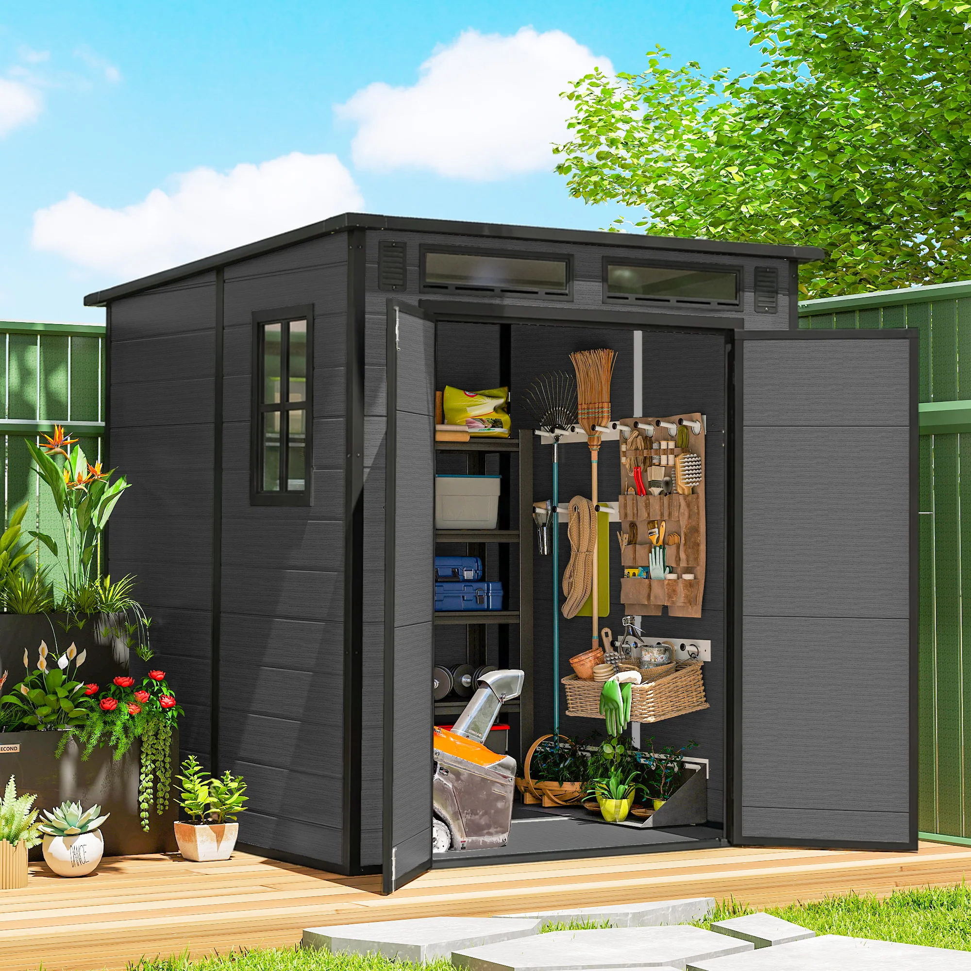Outsunny 6 X 6 Ft Plastic Garden Shed With Floor, Lockable Doors, Dark Grey - Image 2